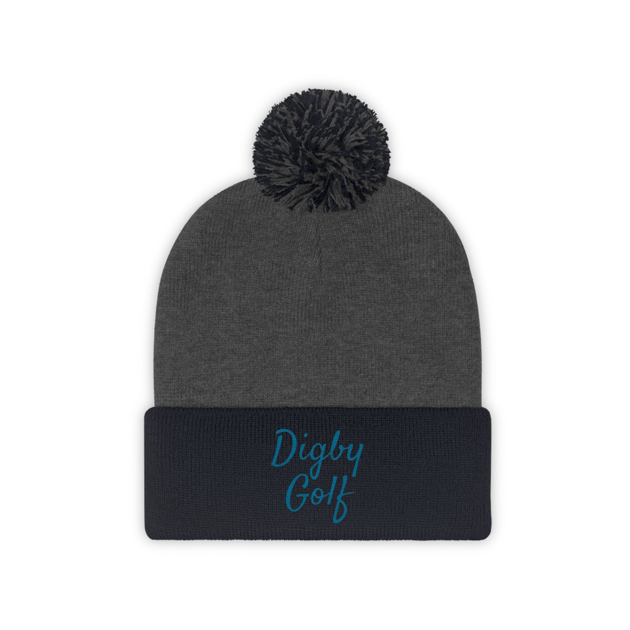 Front view of black and grey embroidered Digby Golf beanie with teal logo