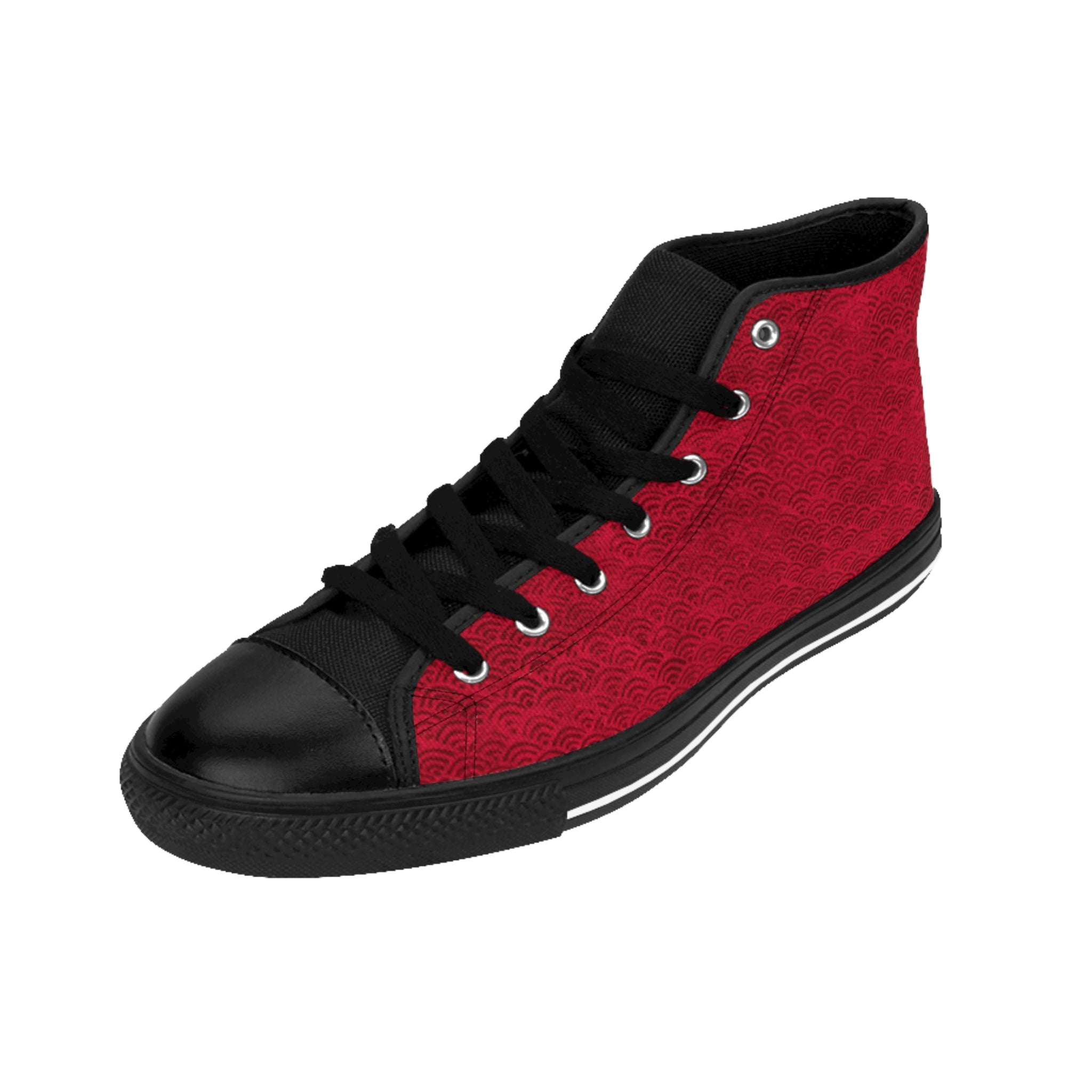 Diagonal view of left Digby Golf high top canvas sneaker in red and black color featuring Japanese fan pattern.