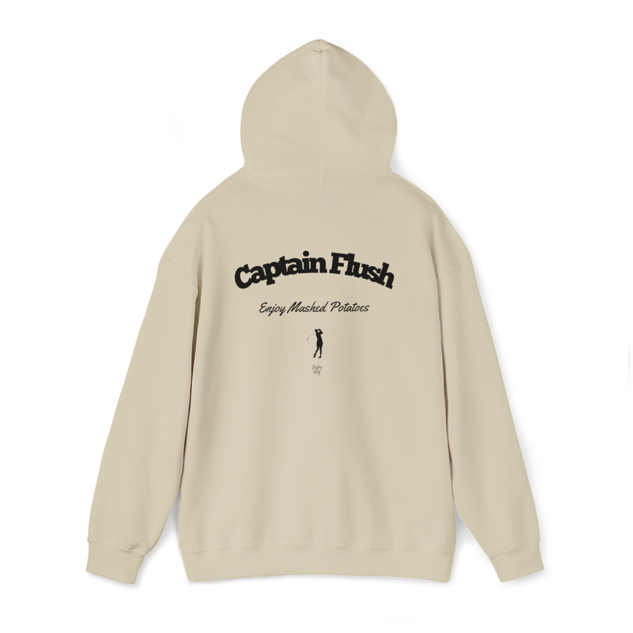 Rear view of Digby Golf sand colored hoodie featuring Captain Flush graphic in black 