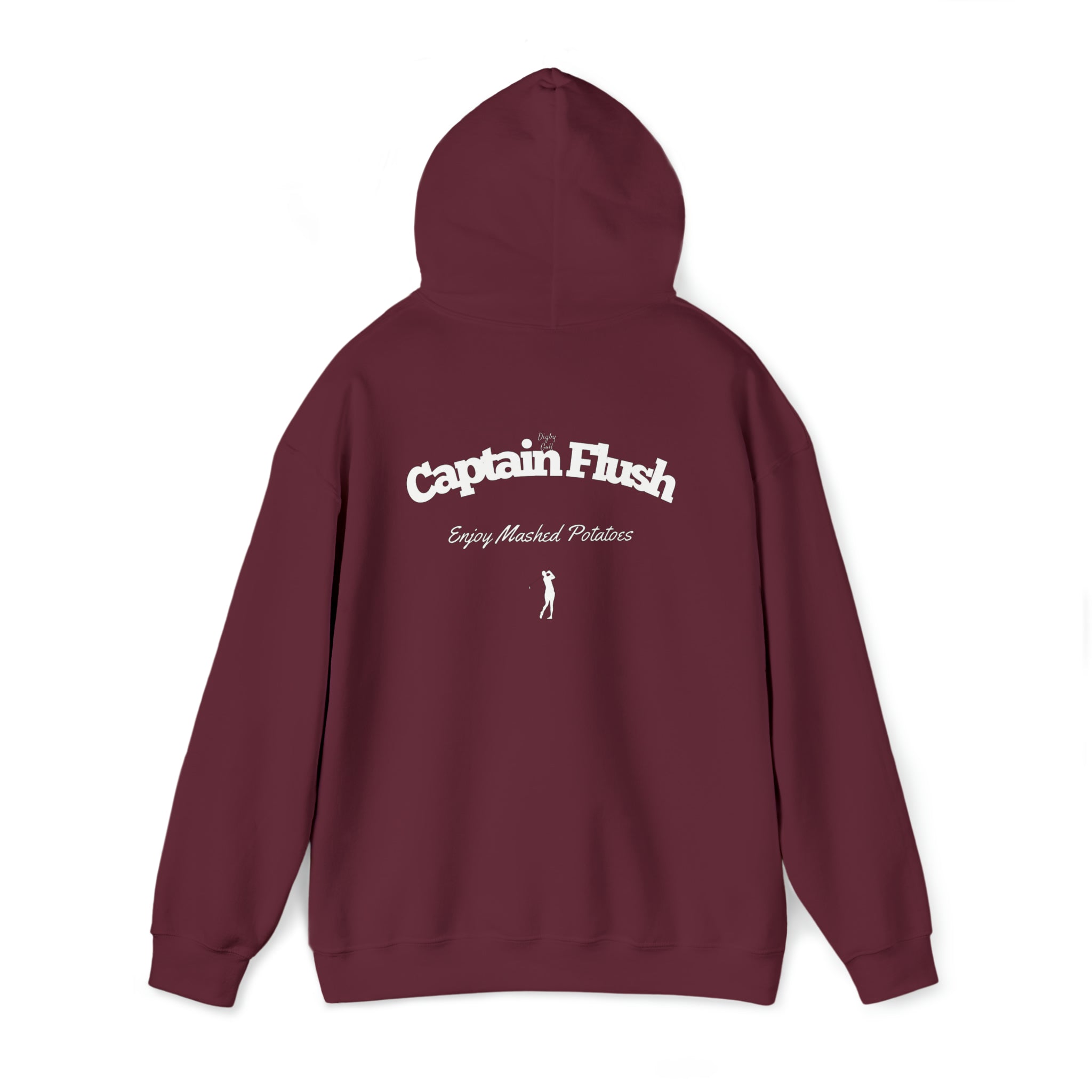 Rear view of Digby Golf maroon colored hoodie featuring Captain Flush graphic in white