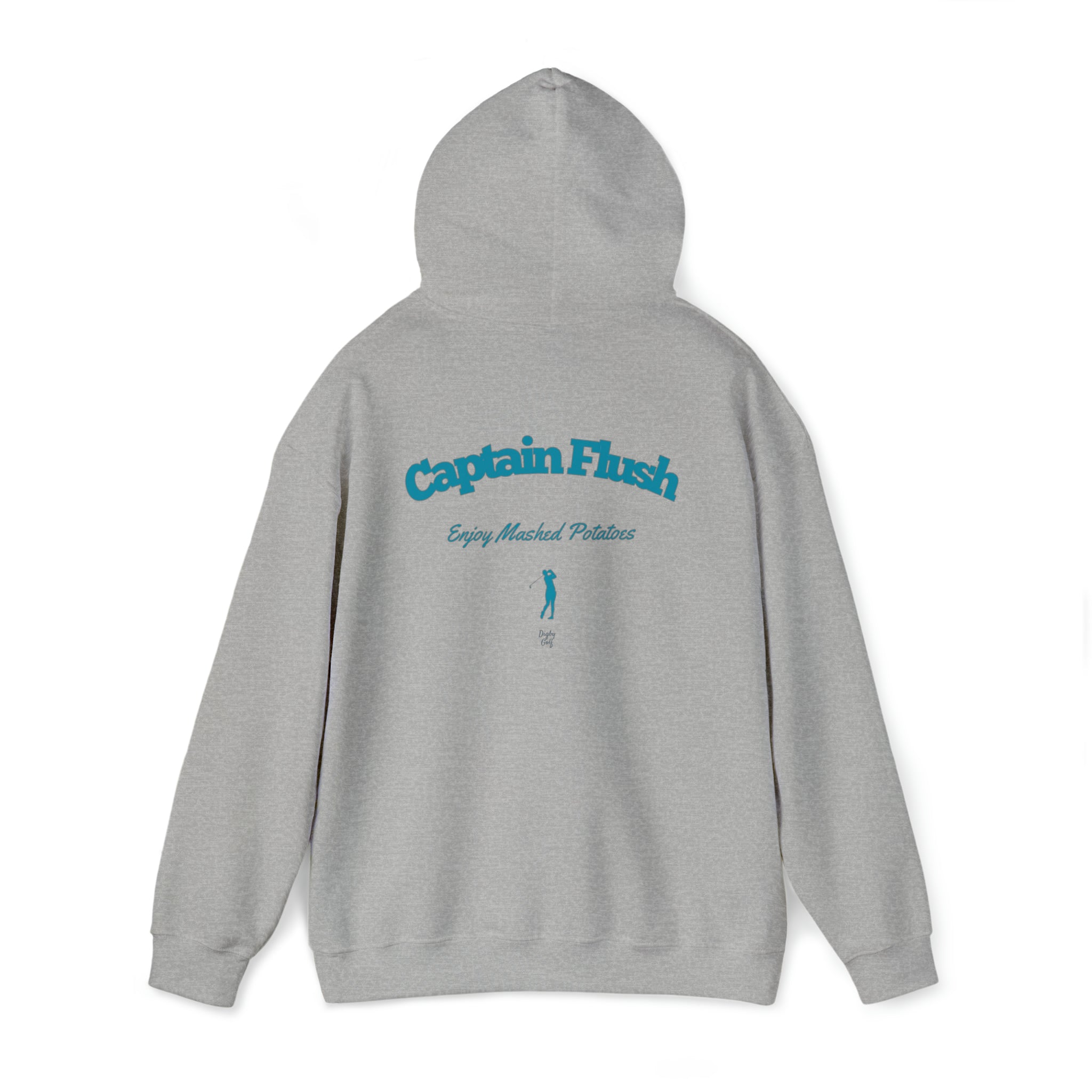 Rear view of Digby Golf grey colored hoodie featuring Captain Flush graphic in teal 