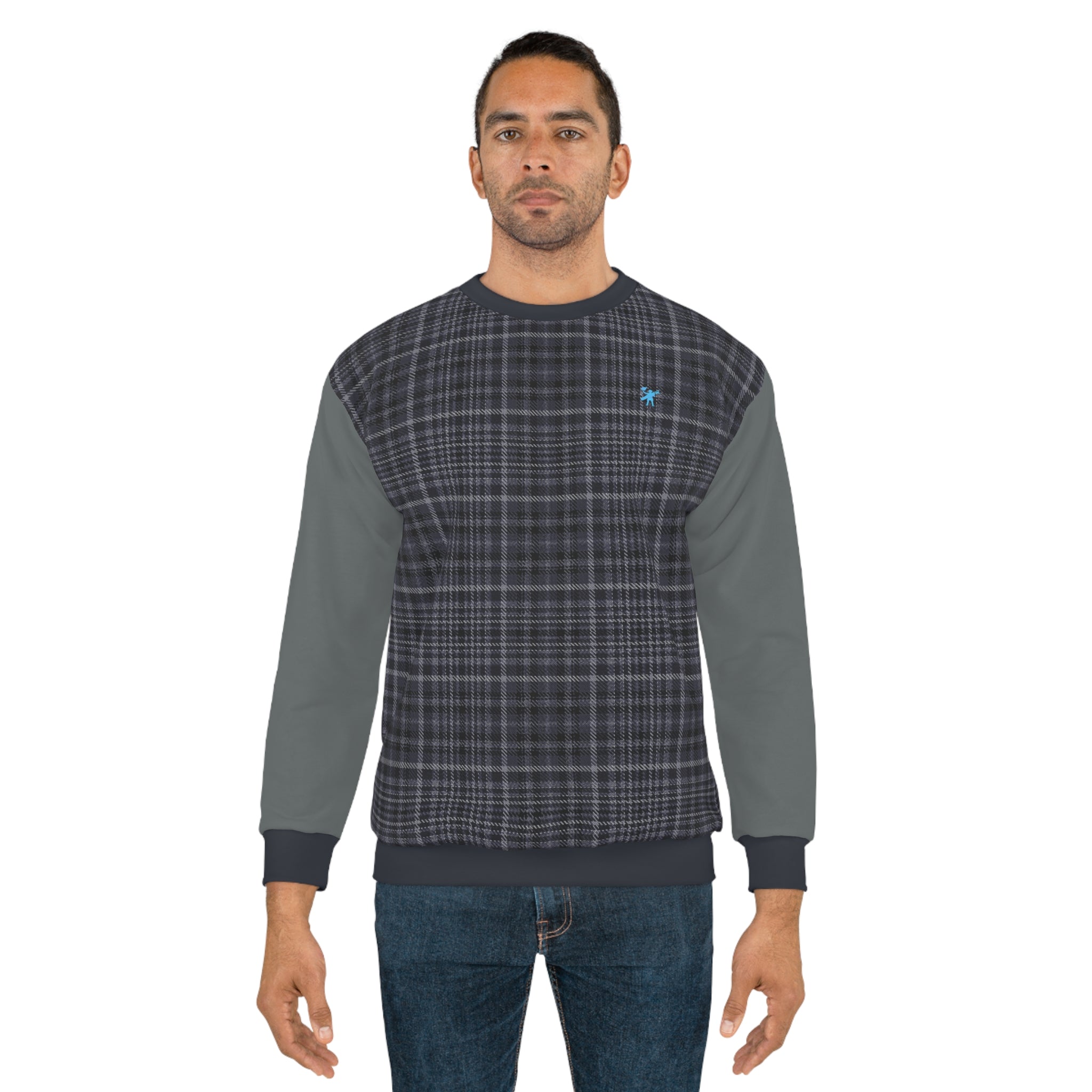 Front view of man wearing Albatross Club Digby Golf sweatshirt, featuring grey and blue tartan check with grey arms