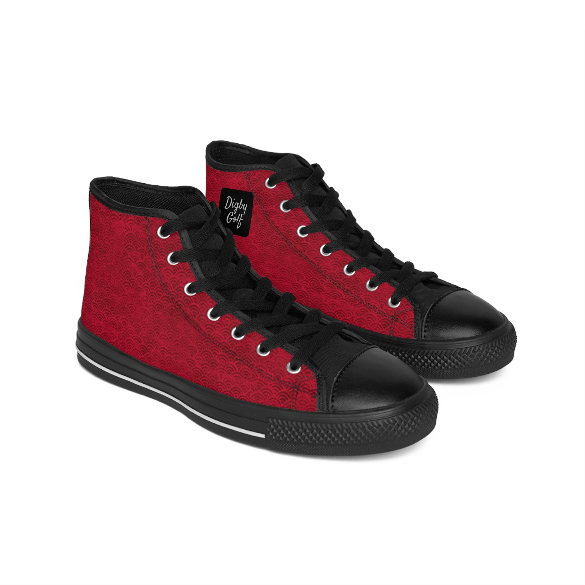 Side view of both Digby Golf high top canvas sneakers in red and black color featuring Japanese fan pattern.