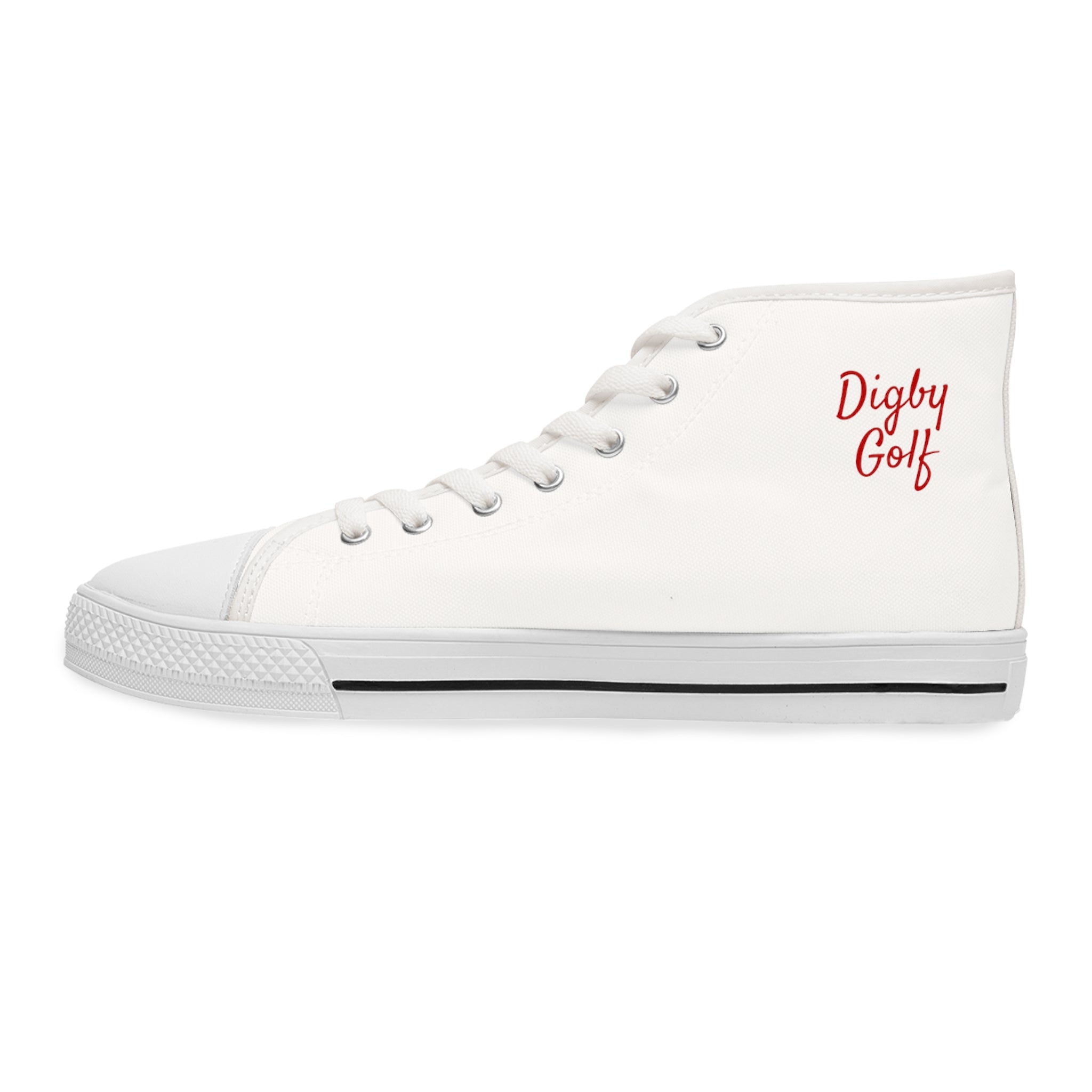 Digby Golf Women’s High Top Sneaker Side View of Logo graphic in color White