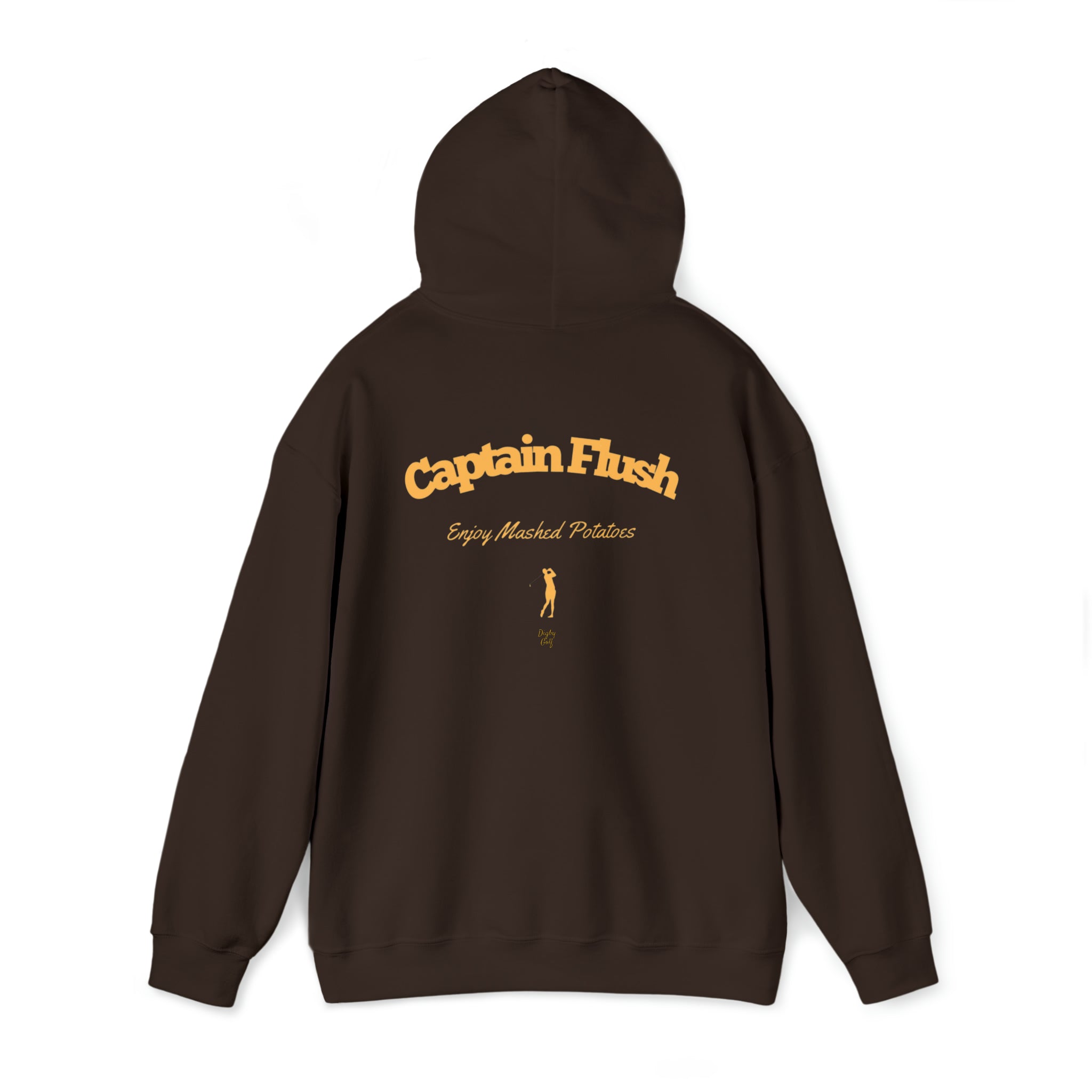 Rear view of Digby Golf brown blue colored hoodie featuring Captain Flush graphic in yellow