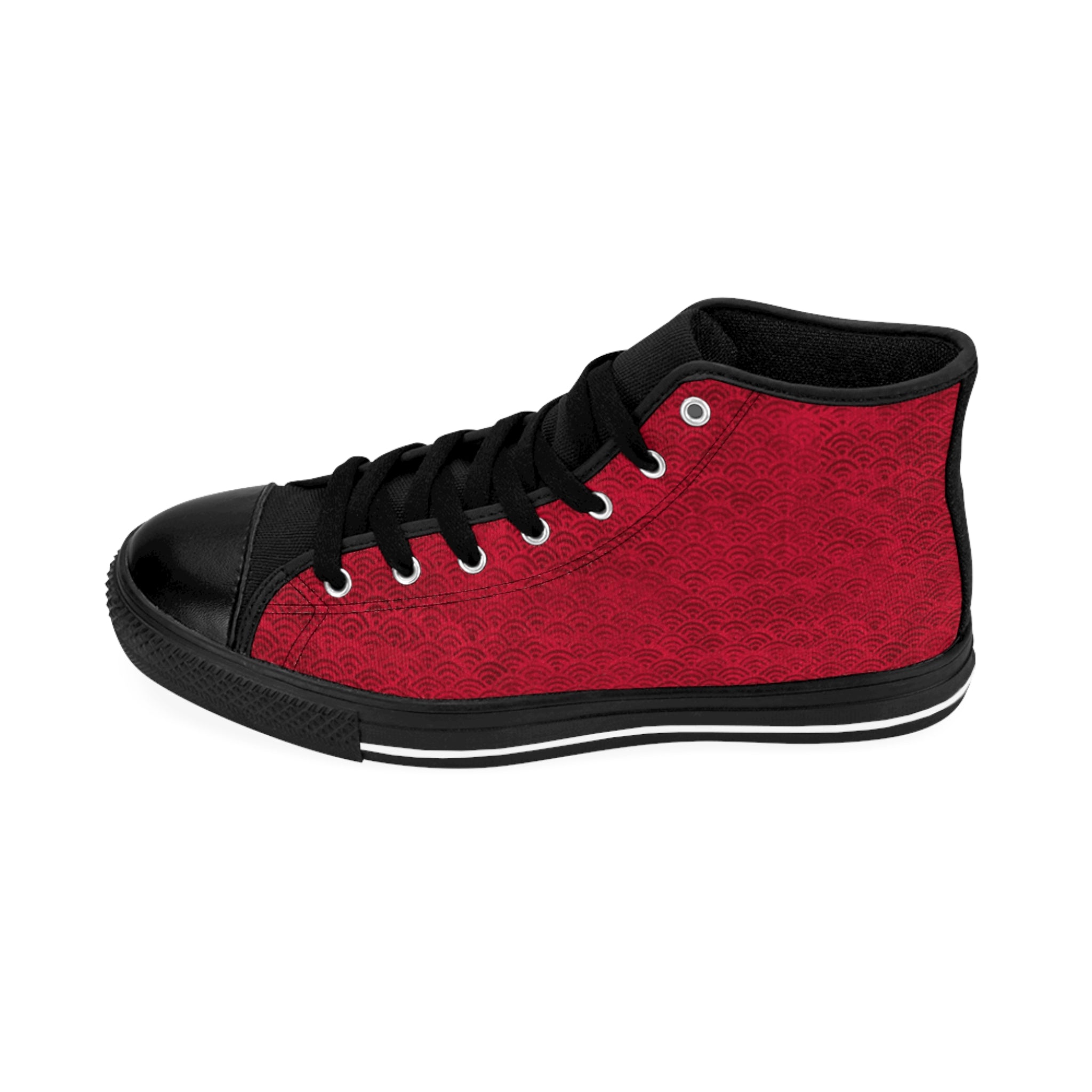 Side view of left outside Digby Golf high top canvas sneaker in red and black color featuring Japanese fan pattern.