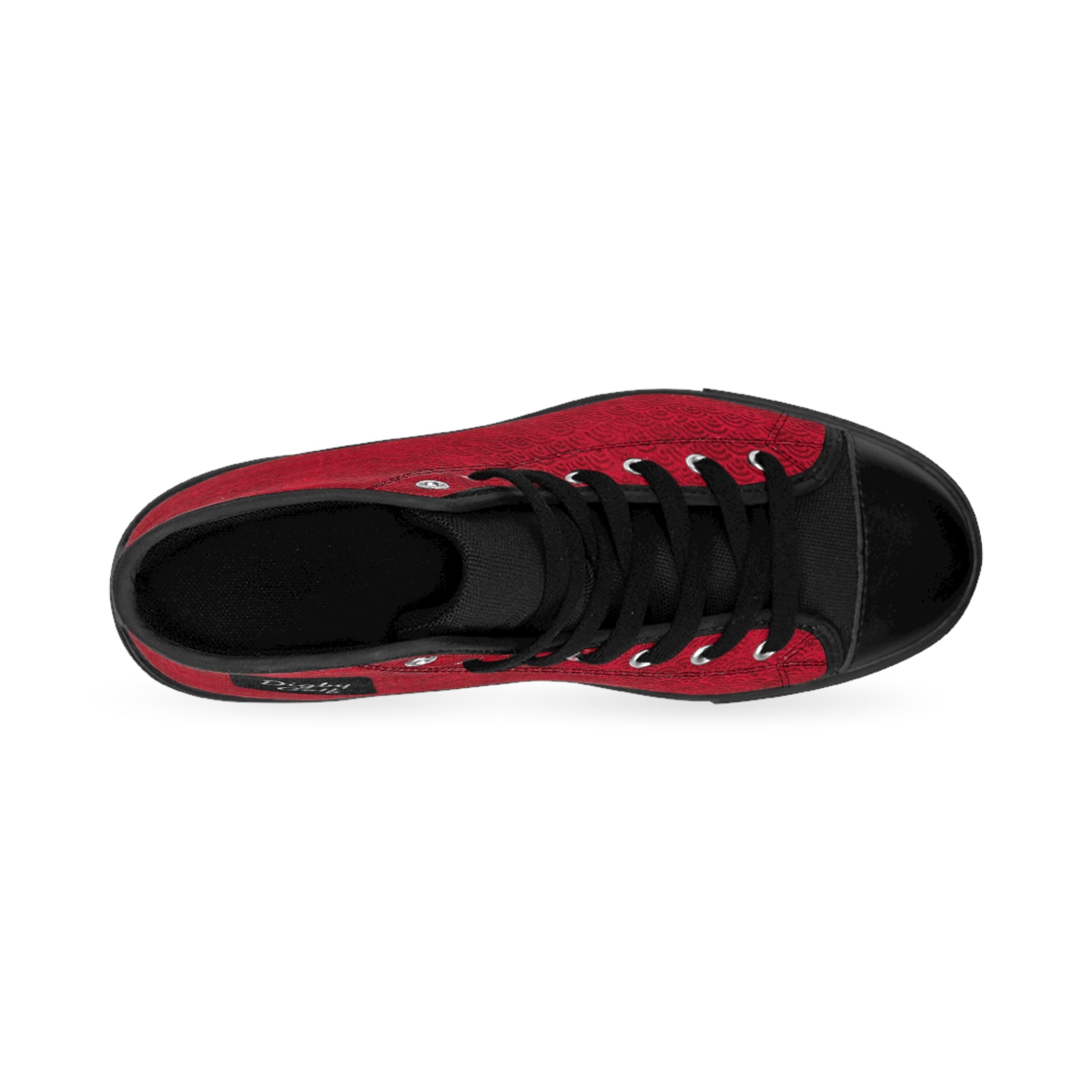 Top down view of left Digby Golf high top canvas sneaker in red and black color featuring Japanese fan pattern.