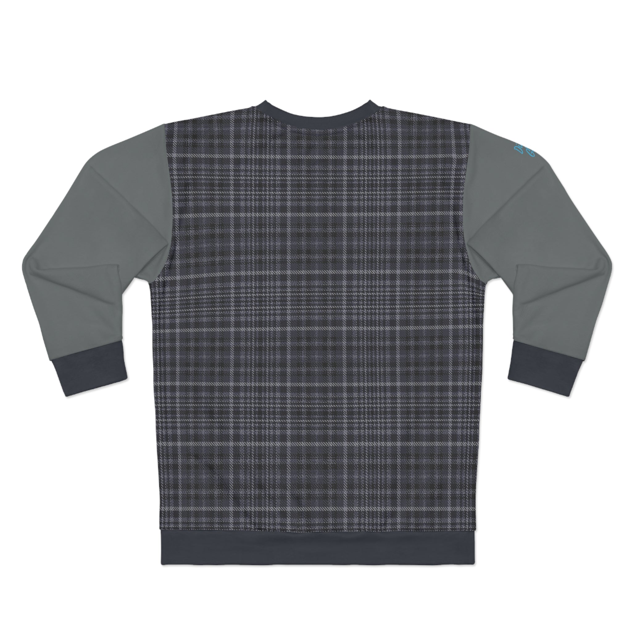 Rear view of flat Albatross Club Digby Golf sweatshirt, featuring grey and blue tartan check with grey arms