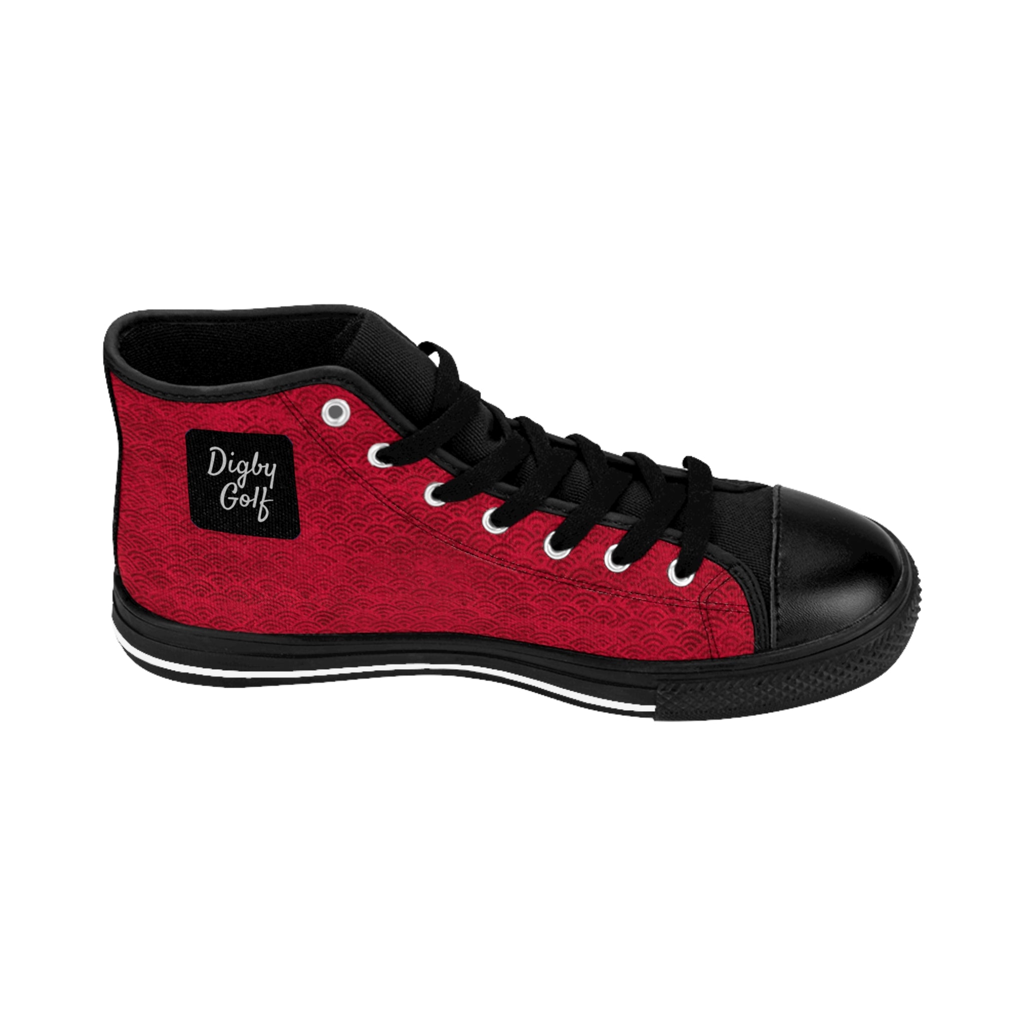 Side view of left inside Digby Golf high top canvas sneaker in red and black color featuring Japanese fan pattern.