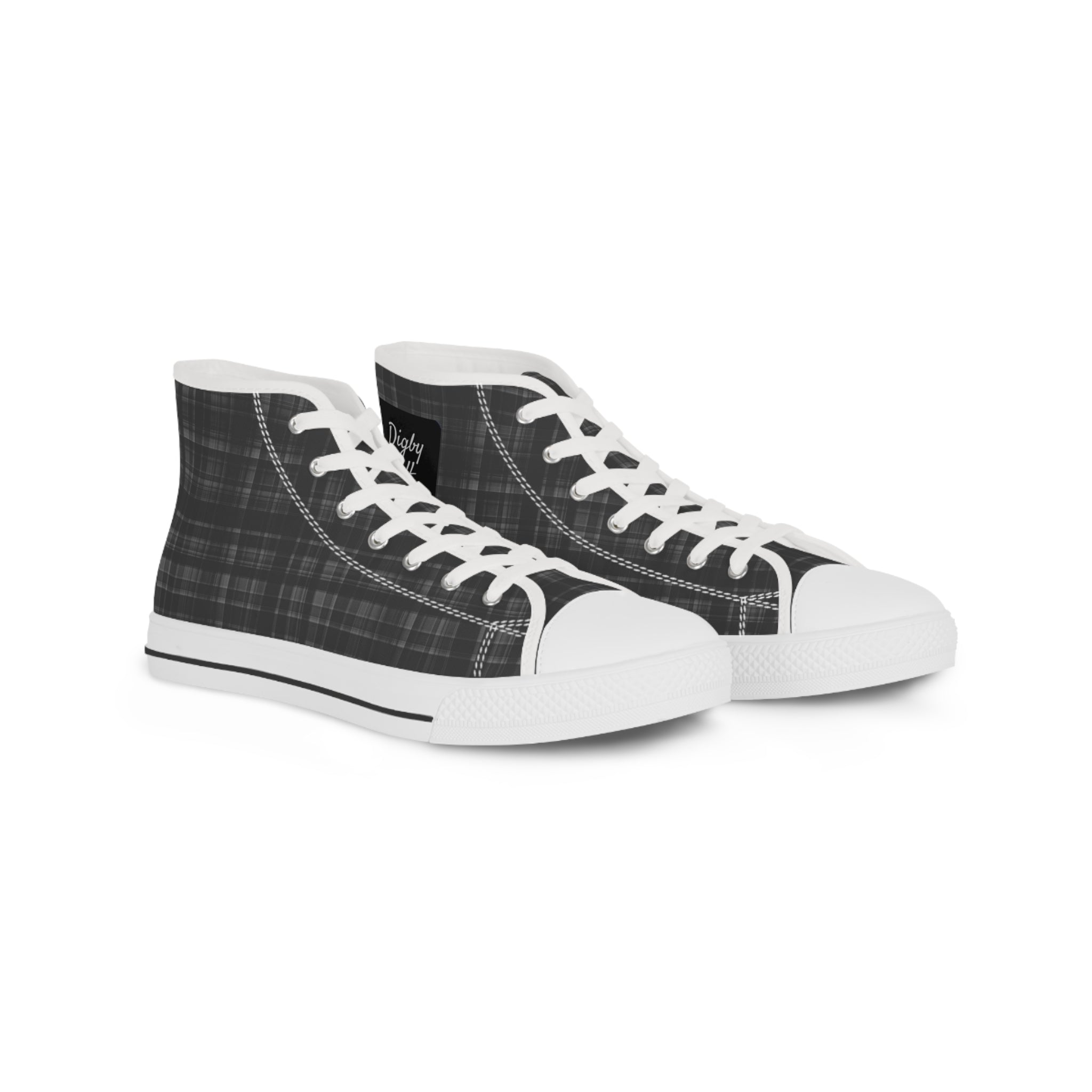 Two Digby Golf sneakers side by side featuring black and grey plaid pattern with white accents