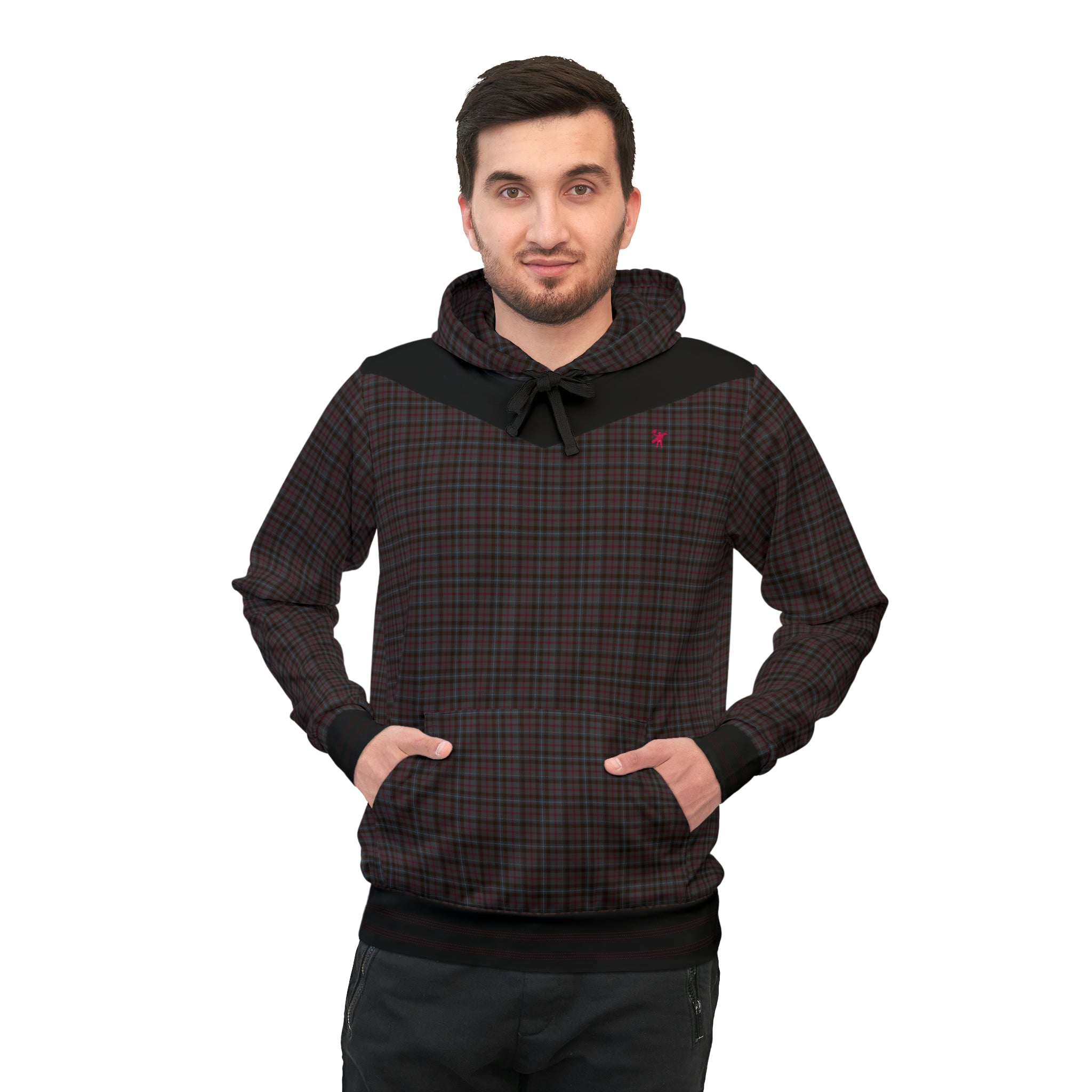 Front view of man wearing dark grey and red check patterned Digby Golf St Giles hoodie