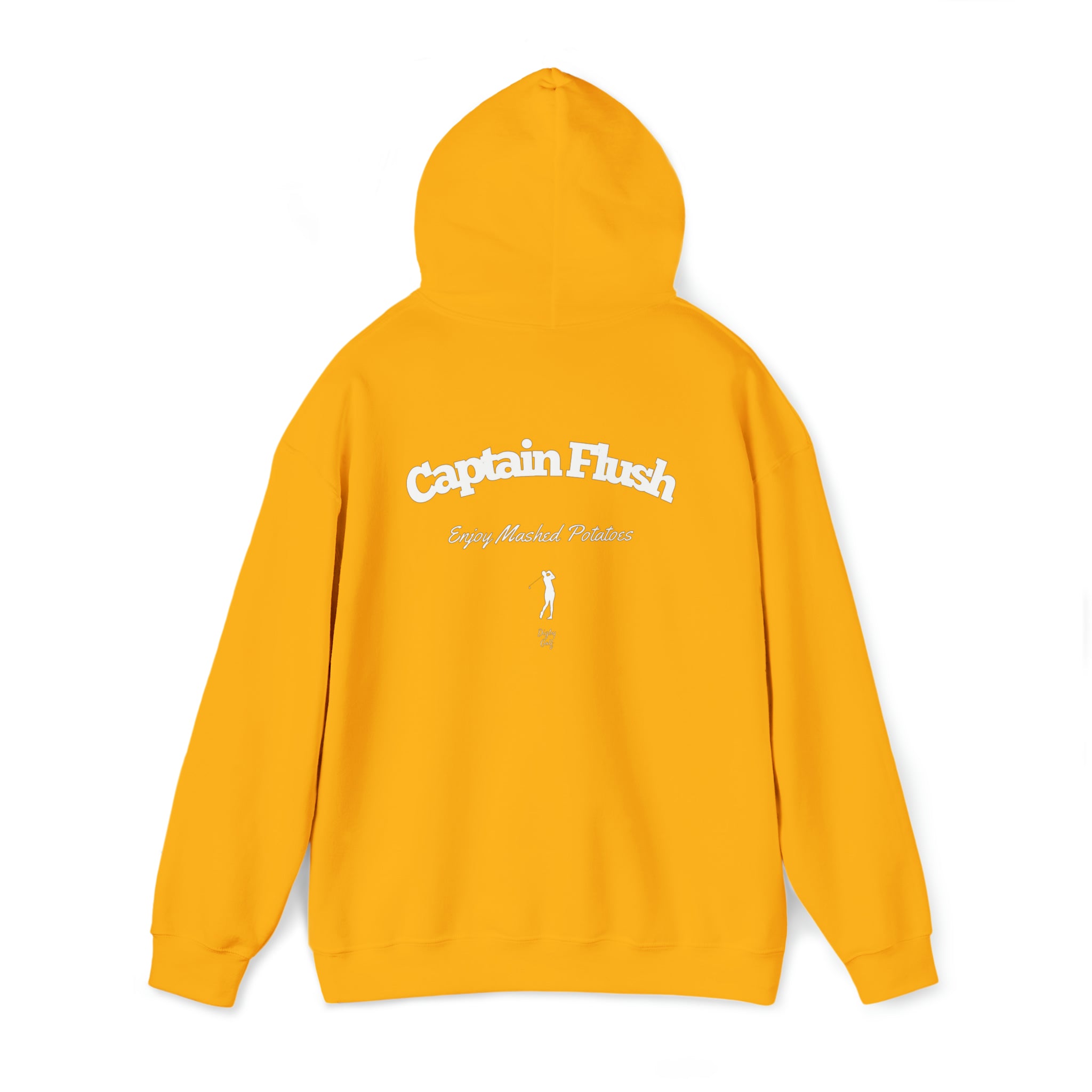 Rear view of Digby Golf yellow colored hoodie featuring Captain Flush graphic in white