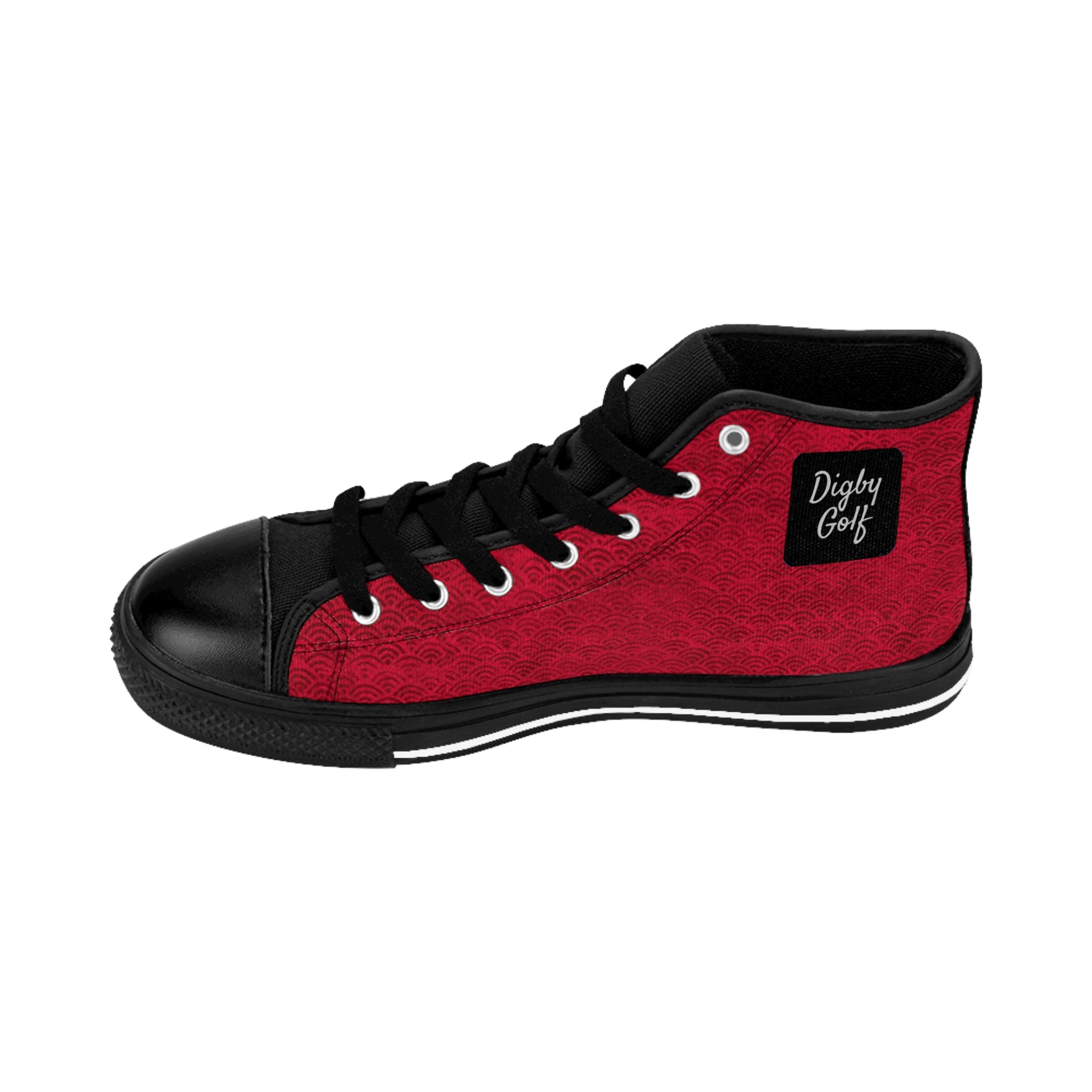 Side view of right inside Digby Golf high top canvas sneaker in red and black color featuring Japanese fan pattern.