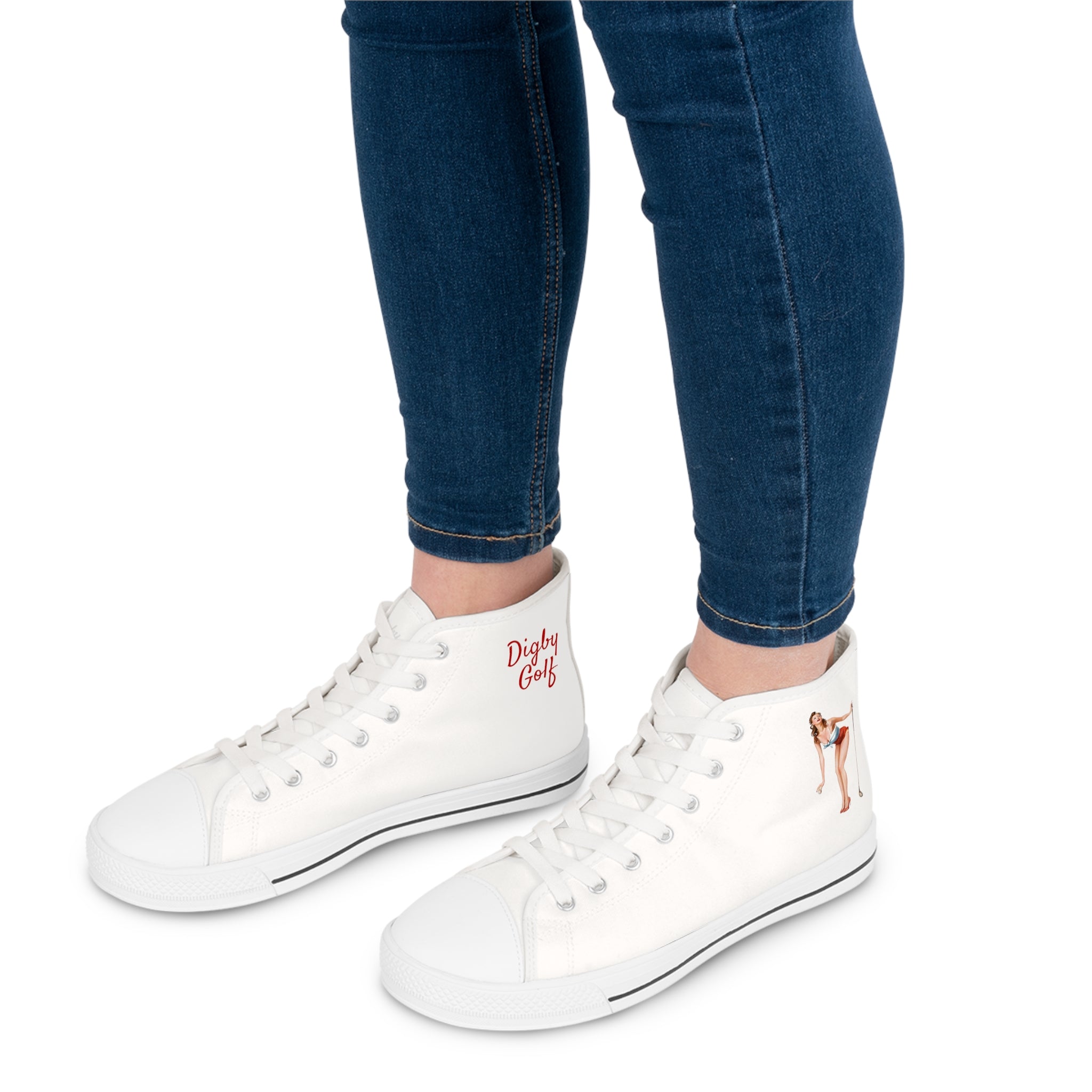 View of woman wearing Digby Golf Women’s High Top Sneaker in color White