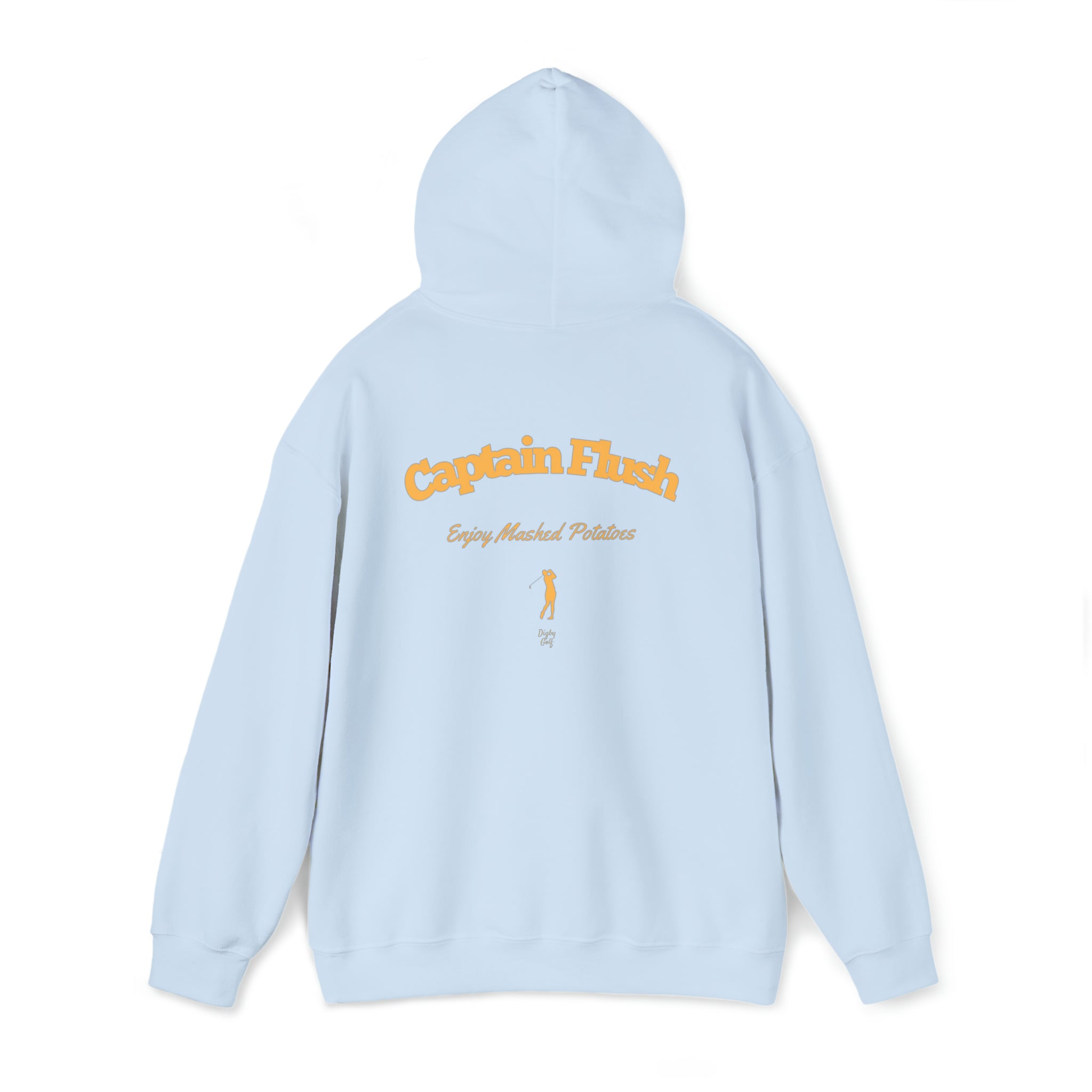 Rear view of Digby Golf light blue colored hoodie featuring Captain Flush graphic in yellow