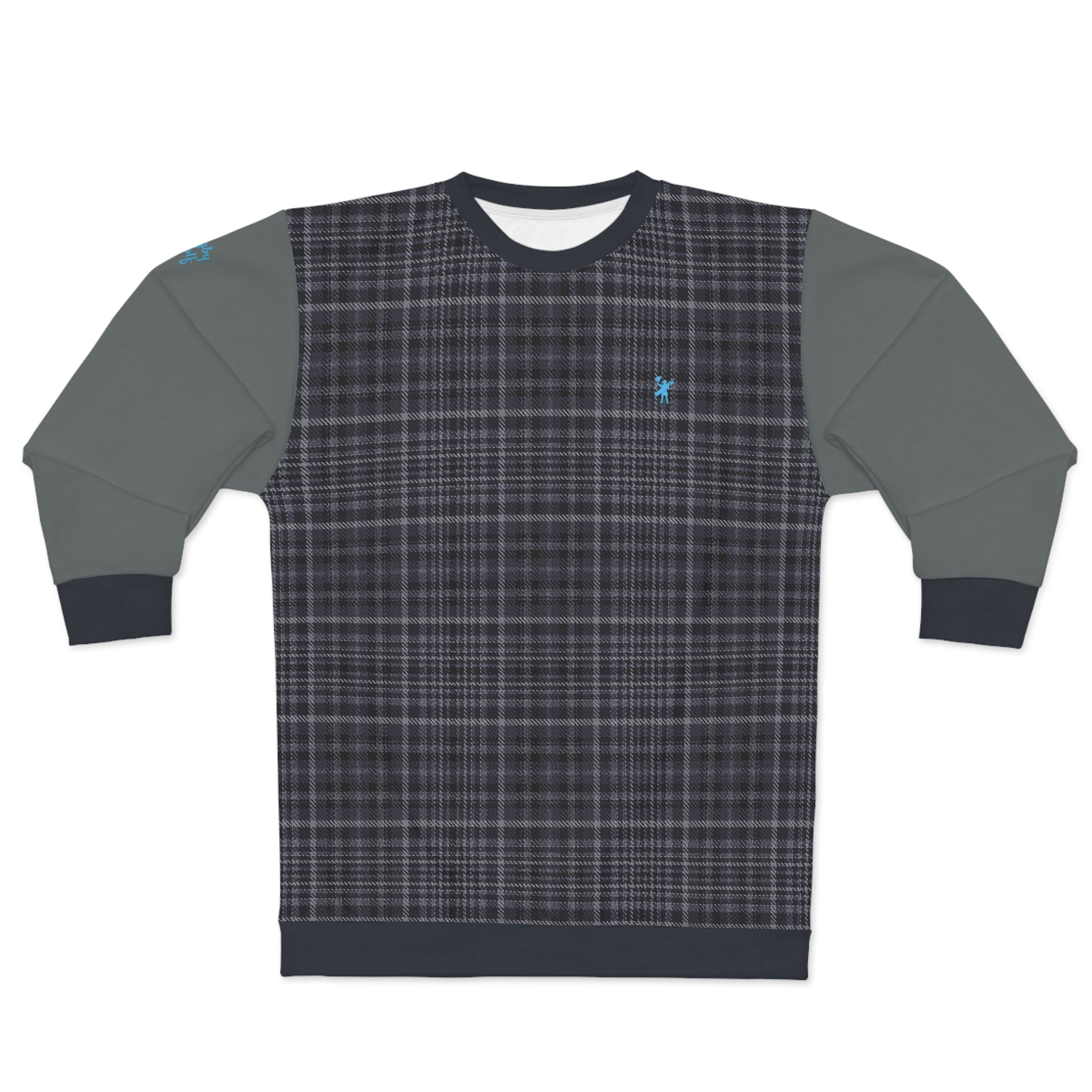 Front view of flat Albatross Club Digby Golf sweatshirt, featuring grey and blue tartan check with grey arms