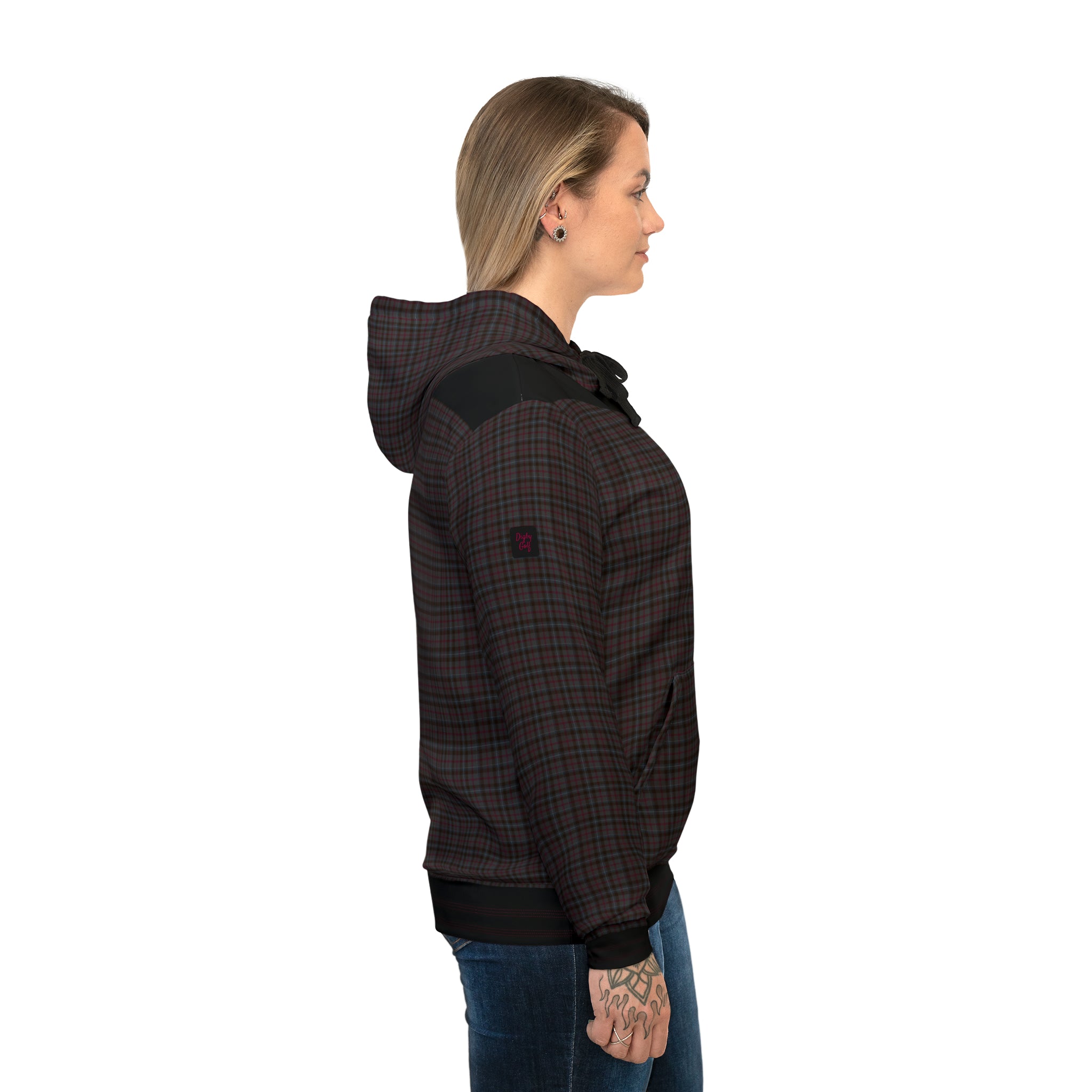 Side view of woman wearing dark grey and red check patterned Digby Golf St Giles hoodie