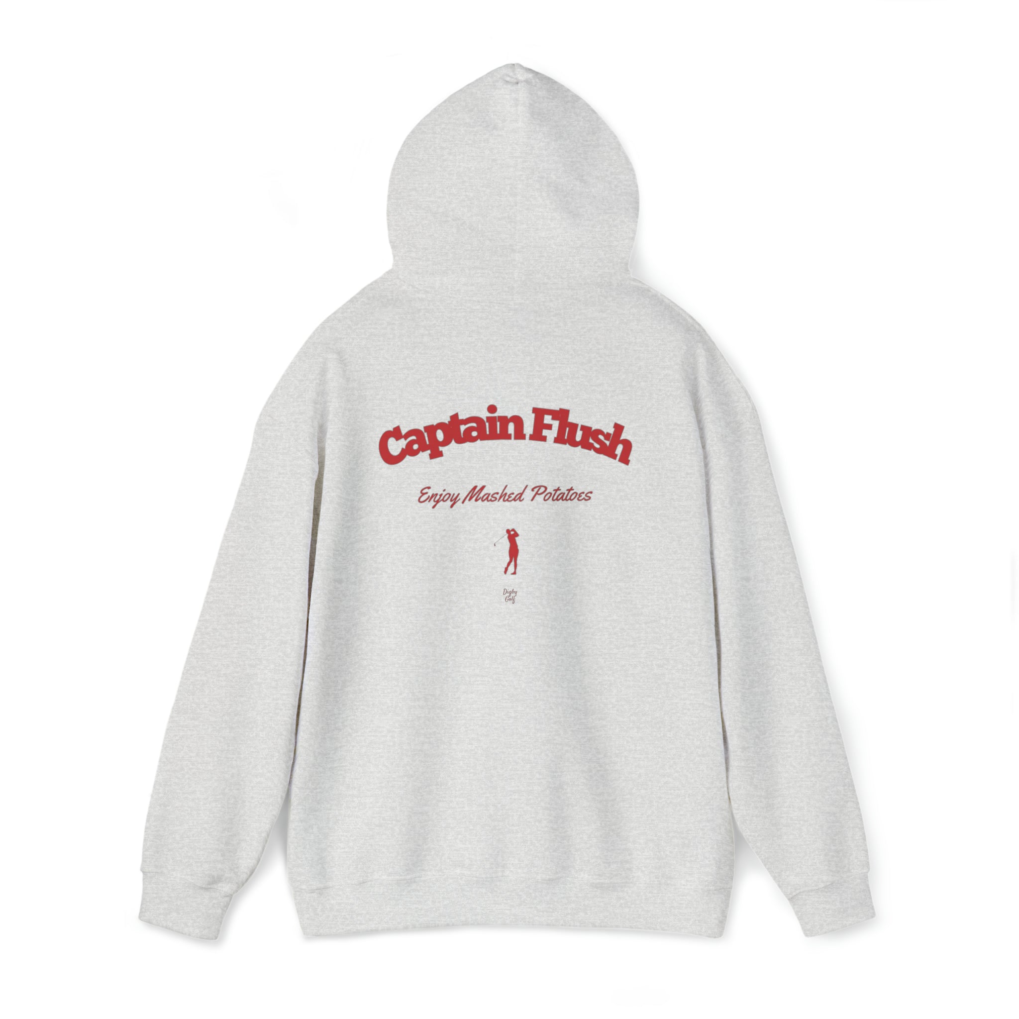 Rear view of Digby Golf ash colored hoodie featuring Captain Flush graphic in red