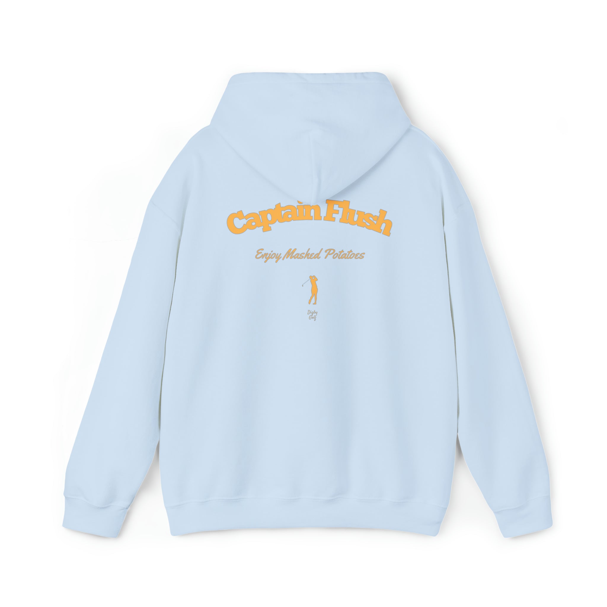 Rear view of Digby Golf light blue colored hoodie featuring Captain Flush graphic in yellow