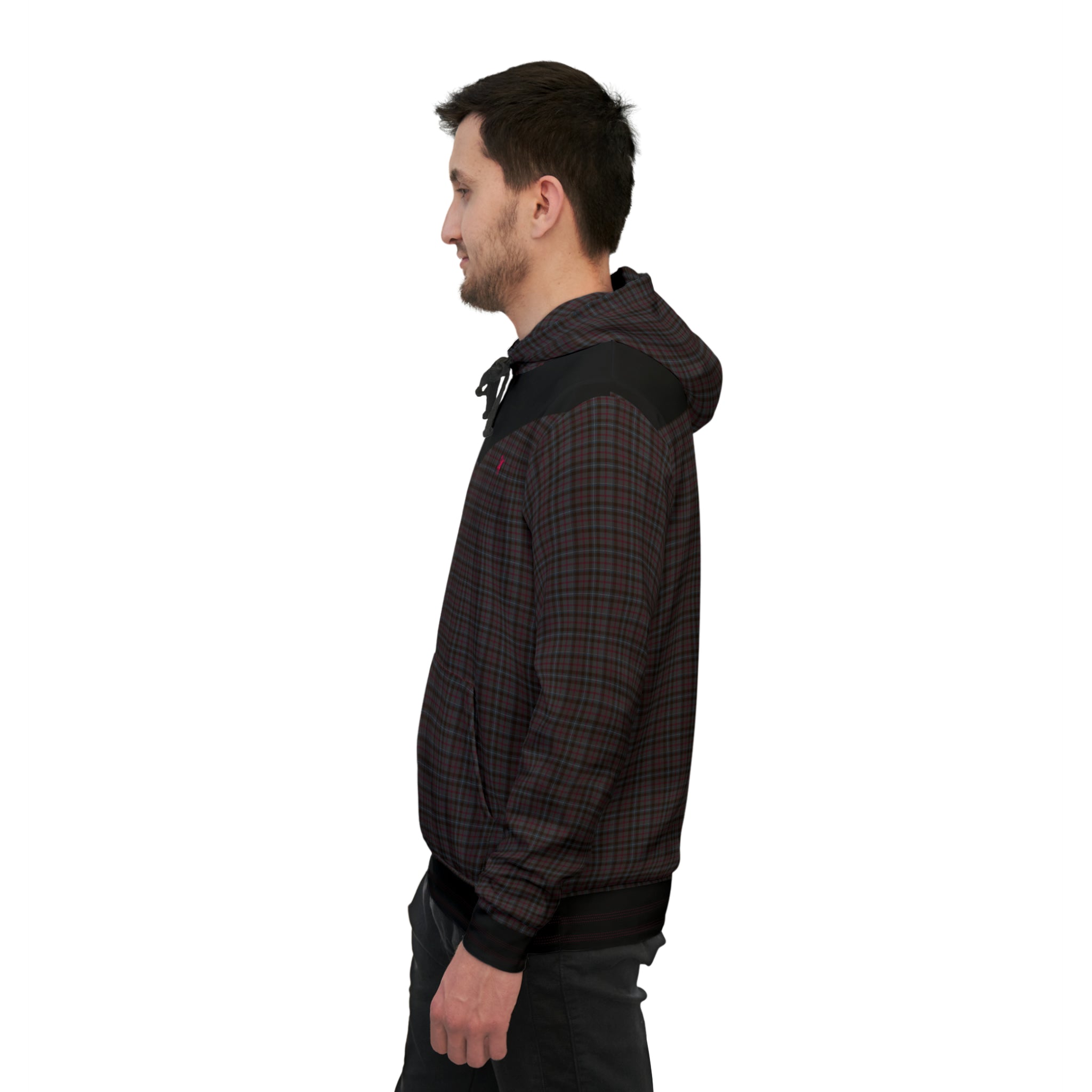 Side view of man wearing dark grey and red check patterned Digby Golf St Giles hoodie