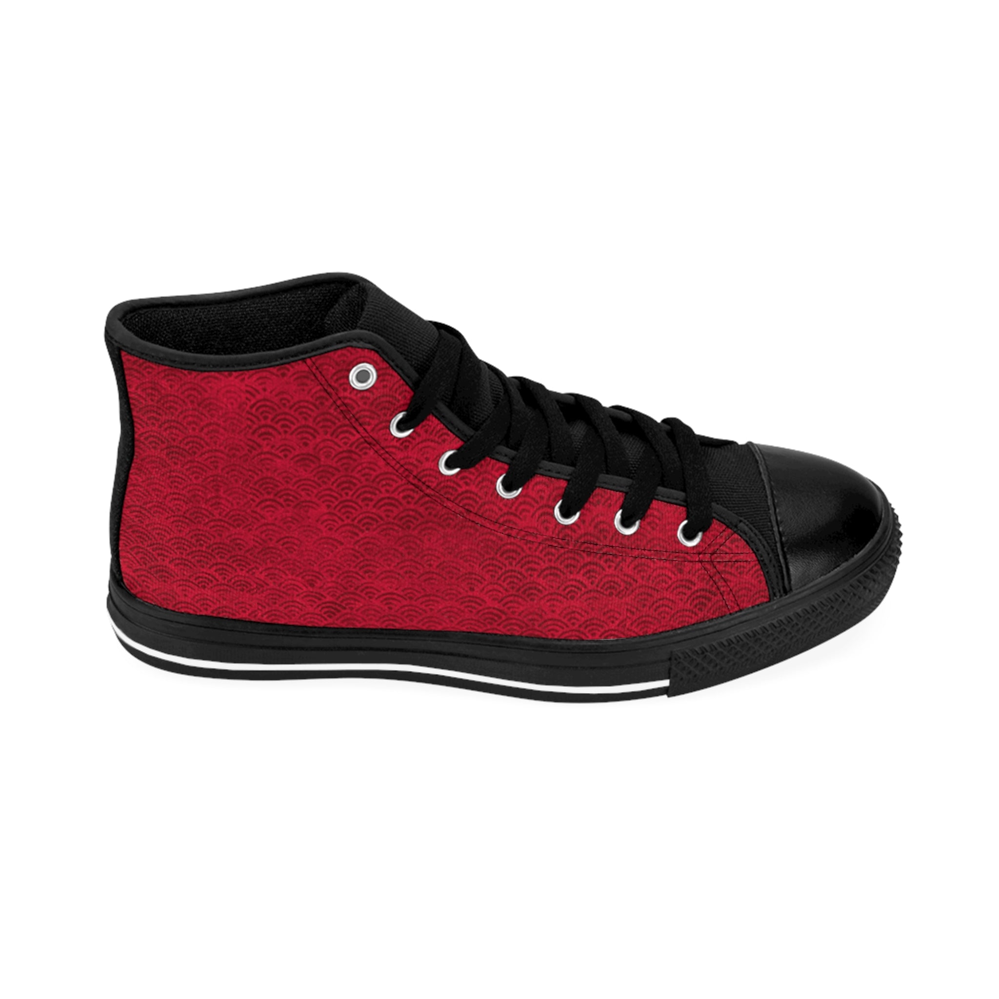 Side view of right outside Digby Golf high top canvas sneaker in red and black color featuring Japanese fan pattern.