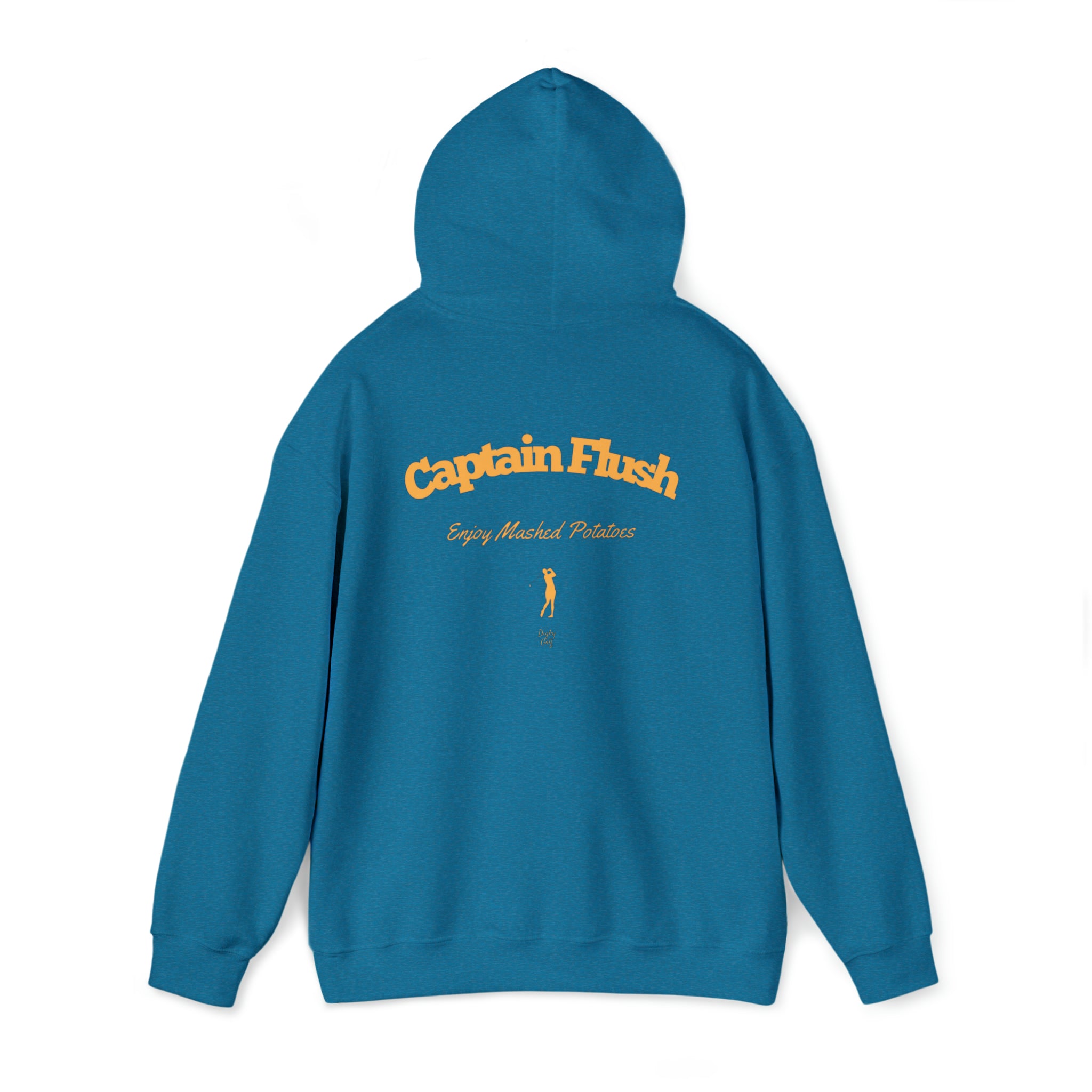 Rear view of Digby Golf teal colored hoodie featuring Captain Flush graphic in yellow