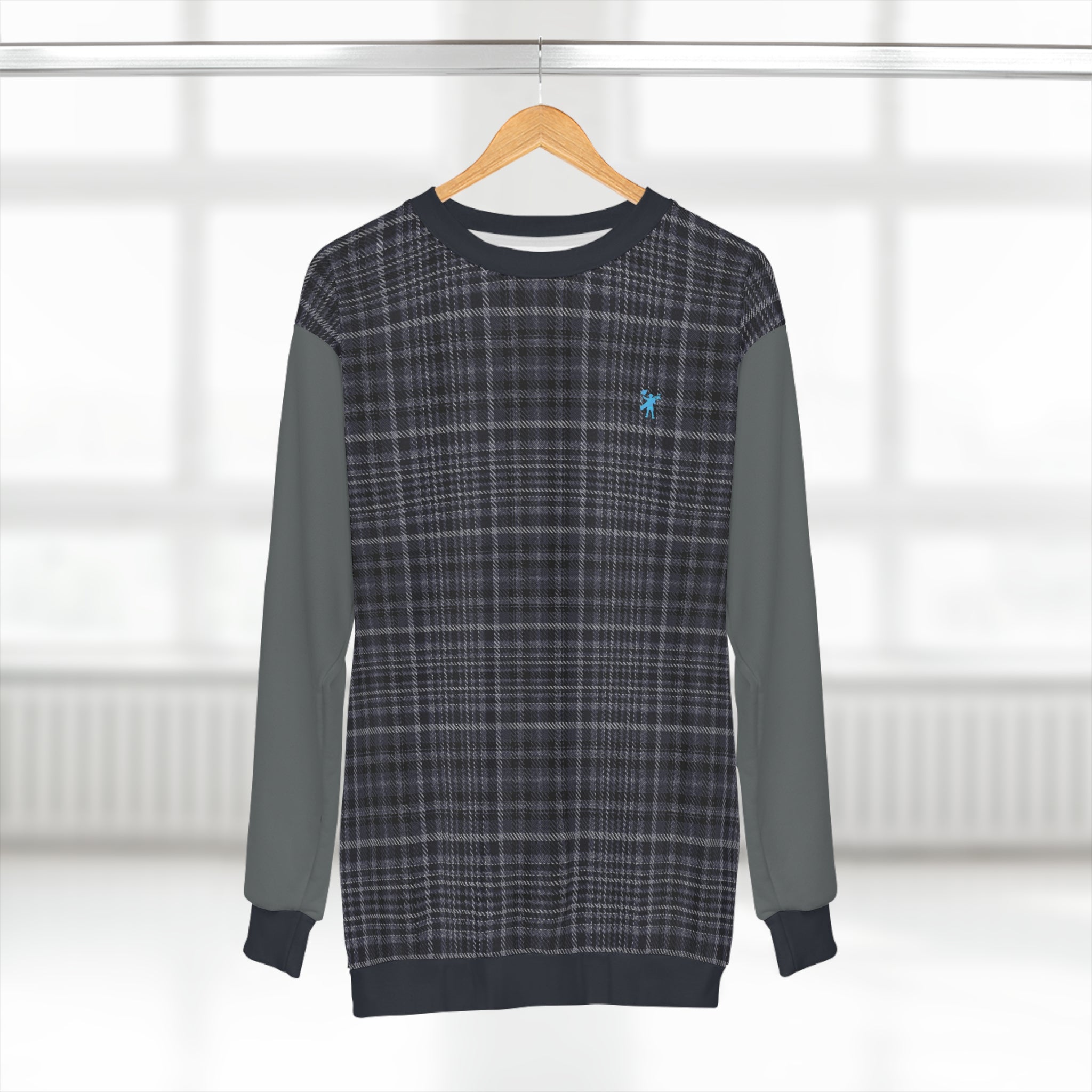 Front view of hanging Albatross Club Digby Golf sweatshirt, featuring grey and blue tartan check with grey arms.