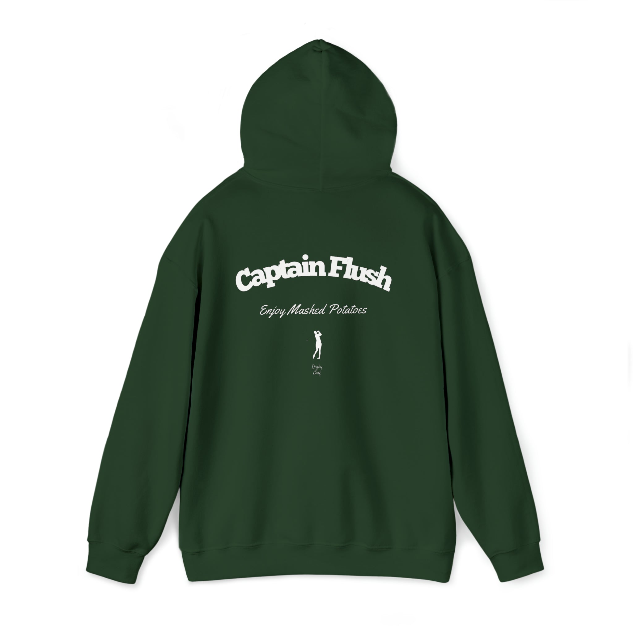 Rear view of Digby Golf forest green colored hoodie featuring Captain Flush graphic in white