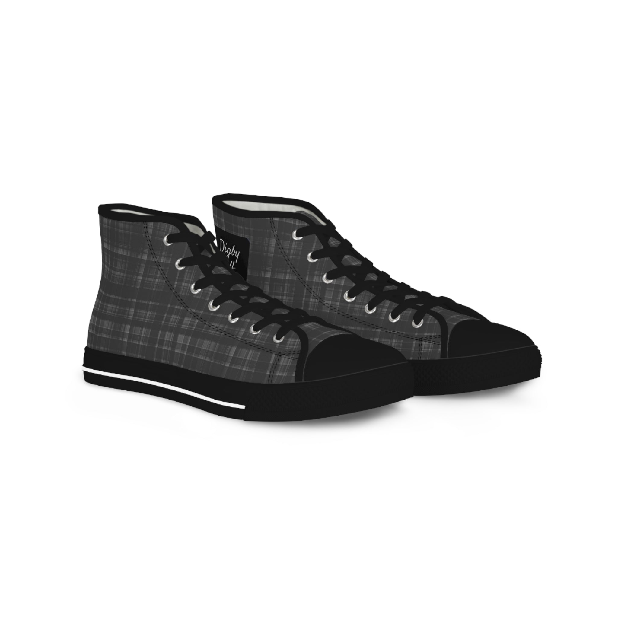 Two Digby Golf sneakers side by side featuring black and grey plaid pattern with black accents