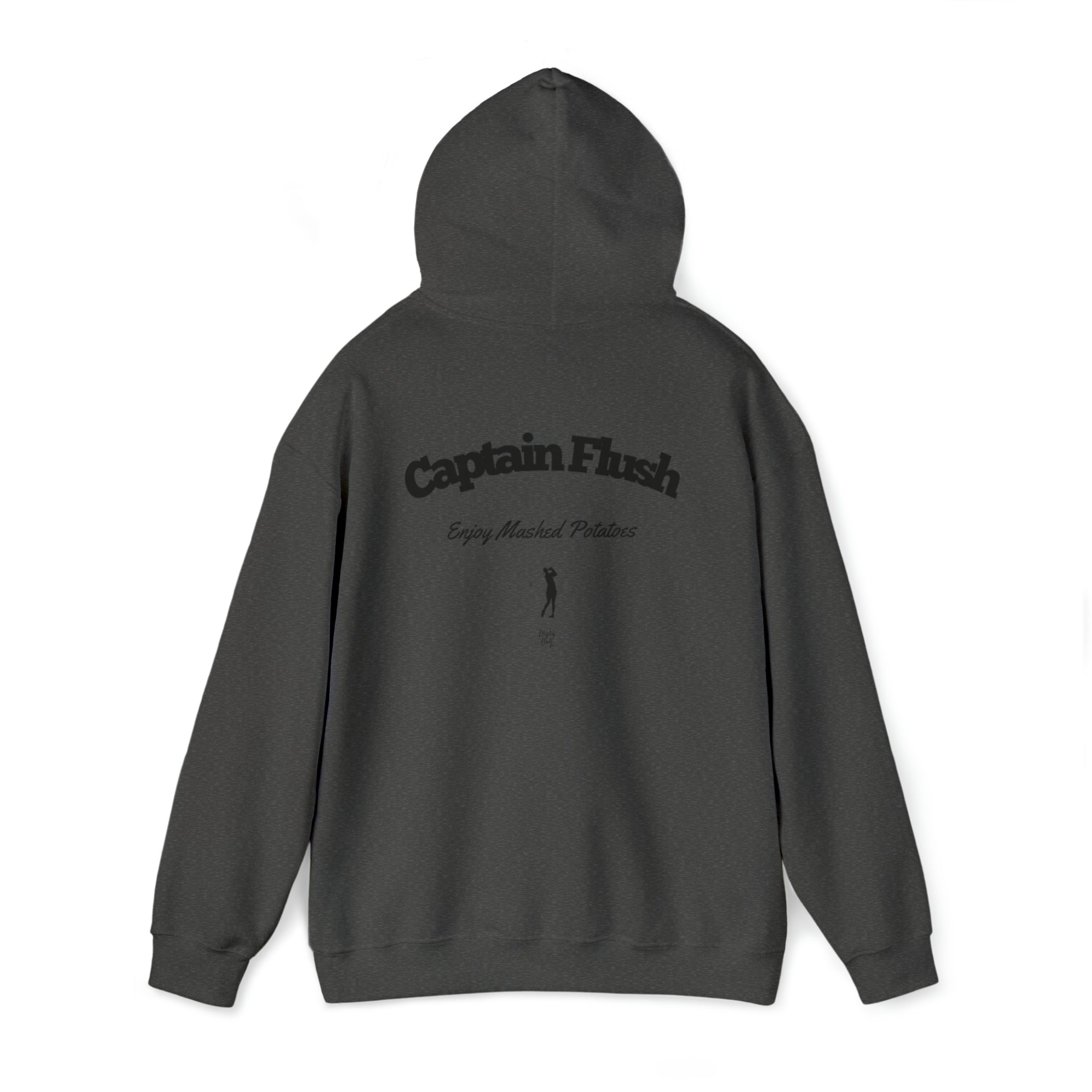 Rear view of Digby Golf dark grey blue colored hoodie featuring Captain Flush graphic in black