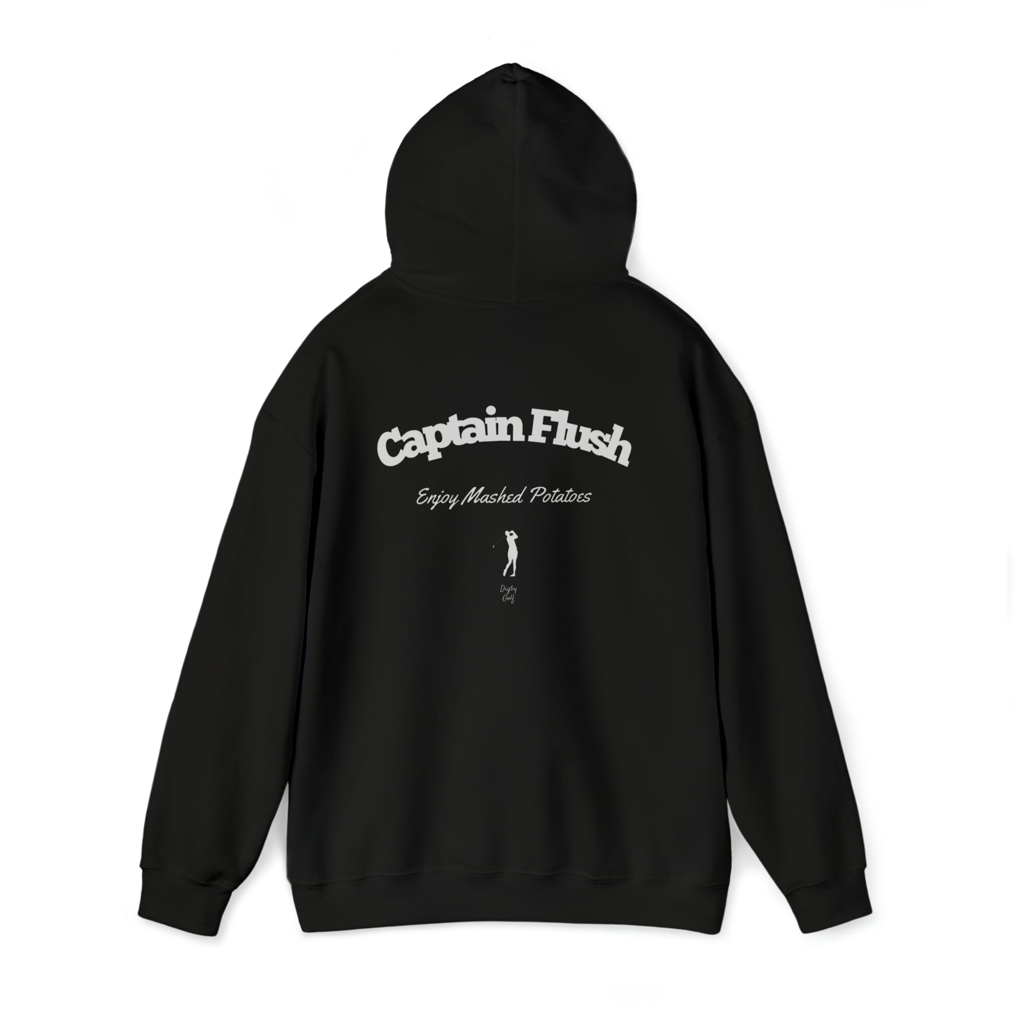 Rear view of Digby Golf black colored hoodie featuring Captain Flush graphic in white