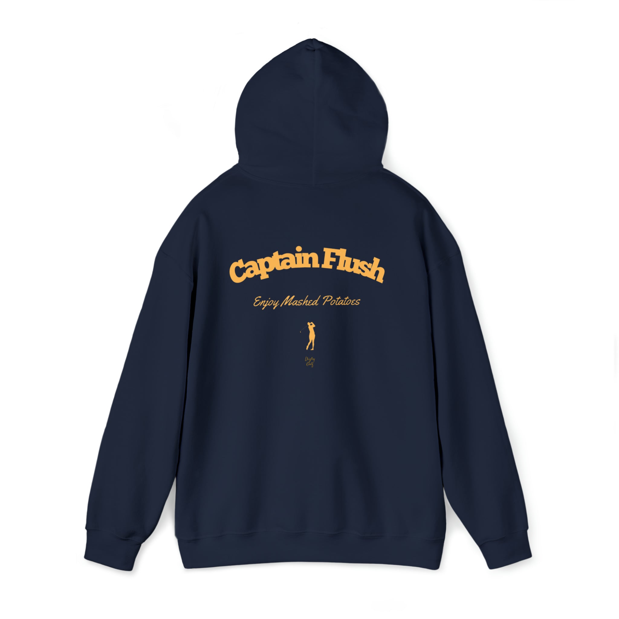 Rear view of Digby Golf navy blue colored hoodie featuring Captain Flush graphic in yellow