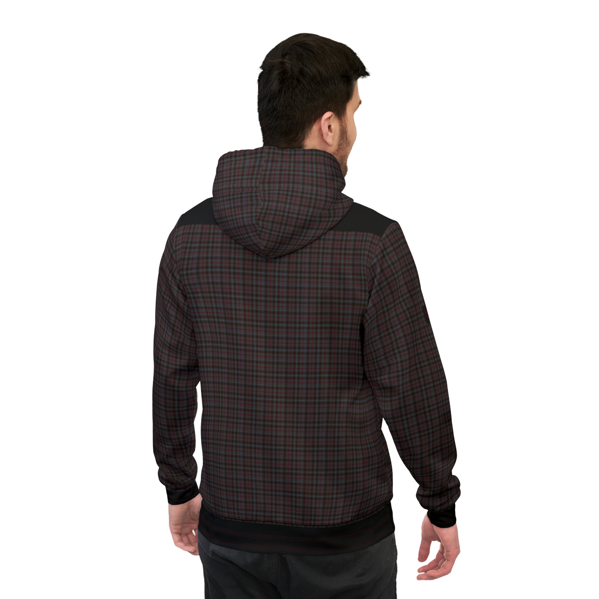 Rear view of man wearing dark grey and red check patterned Digby Golf St Giles hoodie