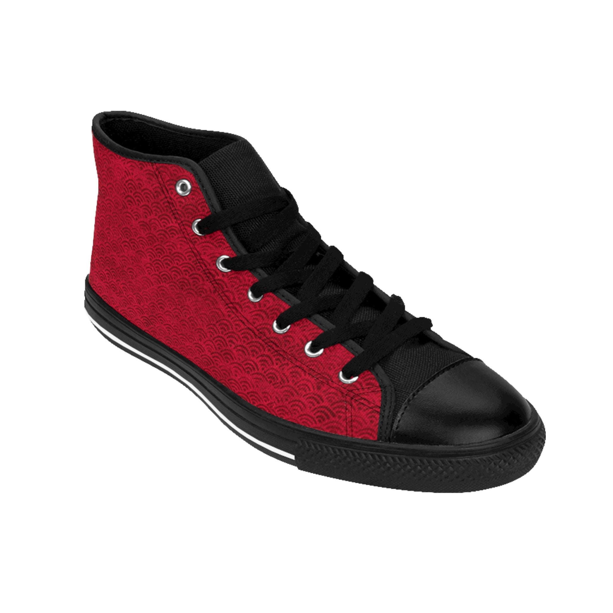 Diagonal view of right Digby Golf high top canvas sneaker in red and black color featuring Japanese fan pattern.