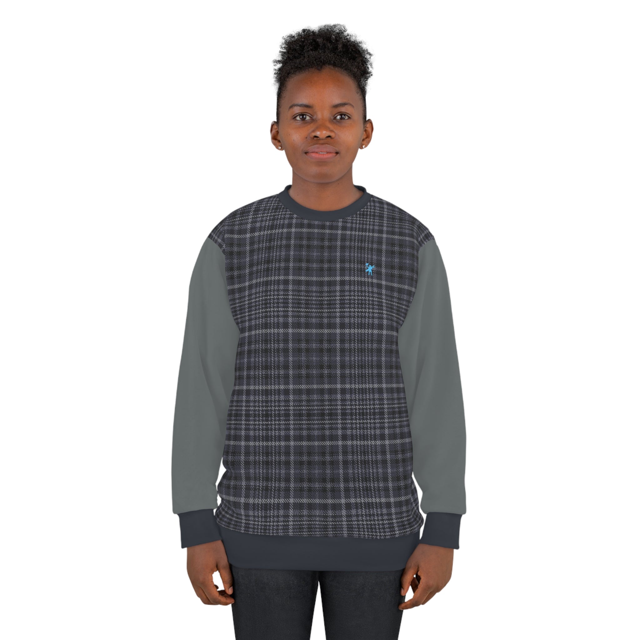 Front view of woman wearing Albatross Club Digby Golf sweatshirt, featuring grey and blue tartan check with grey arms