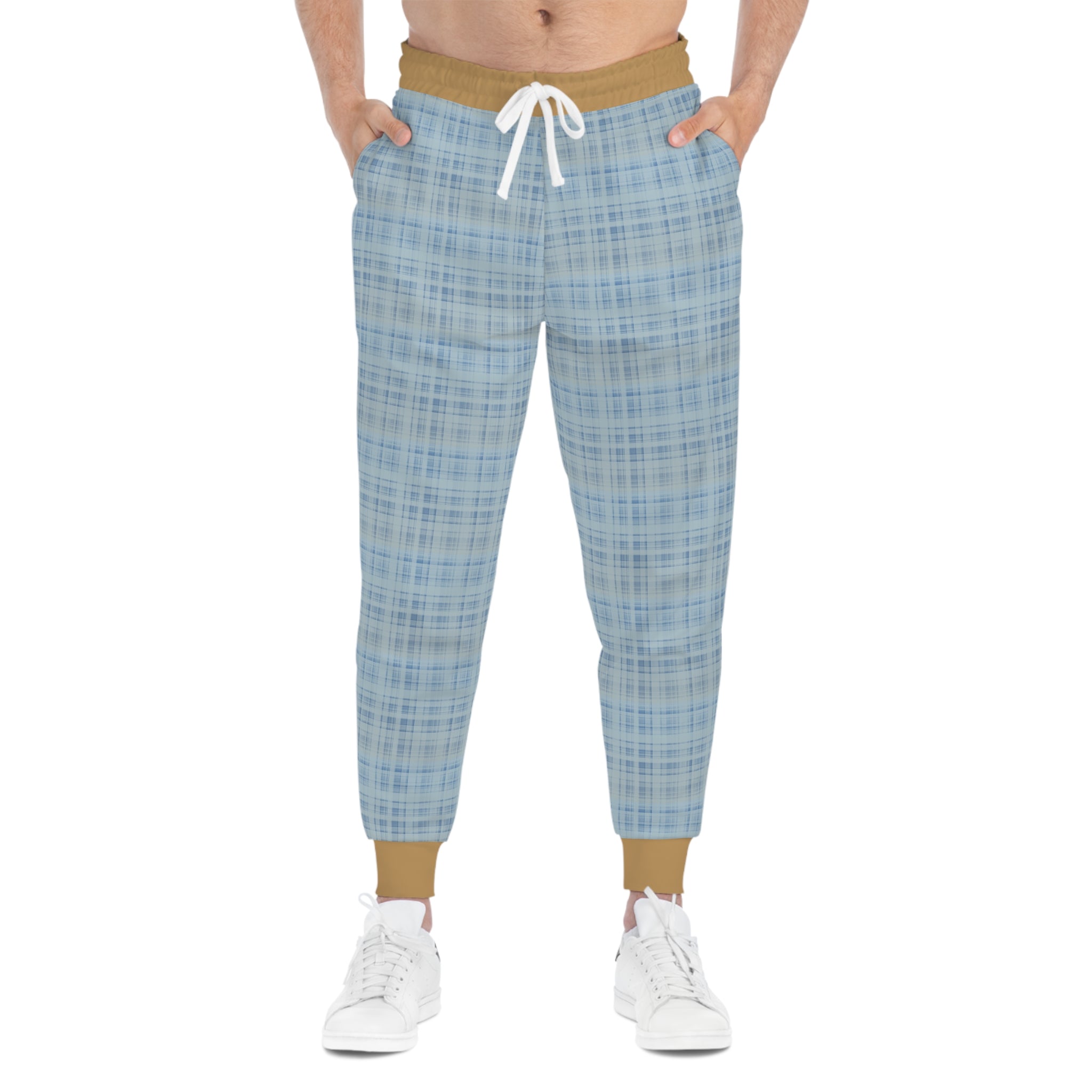 Front image of man wearing light blue checked pattern Digby Golf Camel Club joggers.