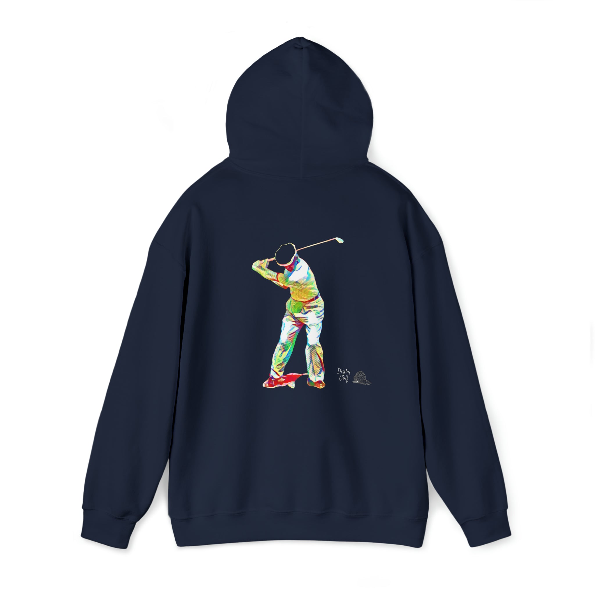 Rear view of navy Digby Golf hoodie featuring colorful graphic of golfer mid-swing