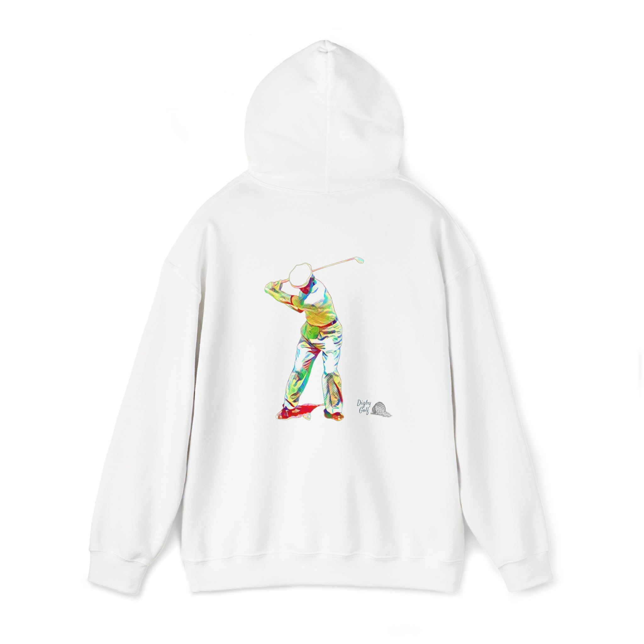 Rear view of white Digby Golf hoodie featuring colorful graphic of golfer mid-swing