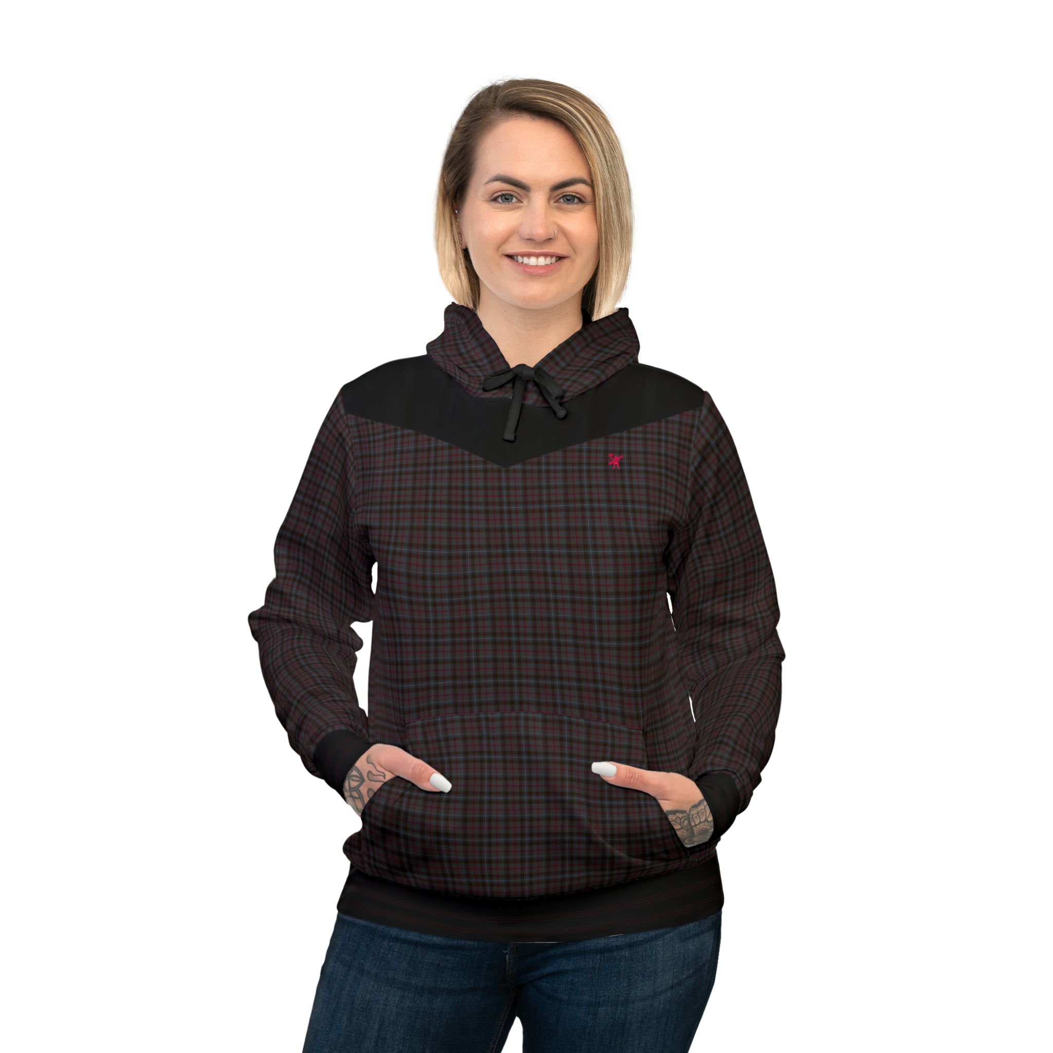 Front view of woman wearing dark grey and red check patterned Digby Golf St Giles hoodie