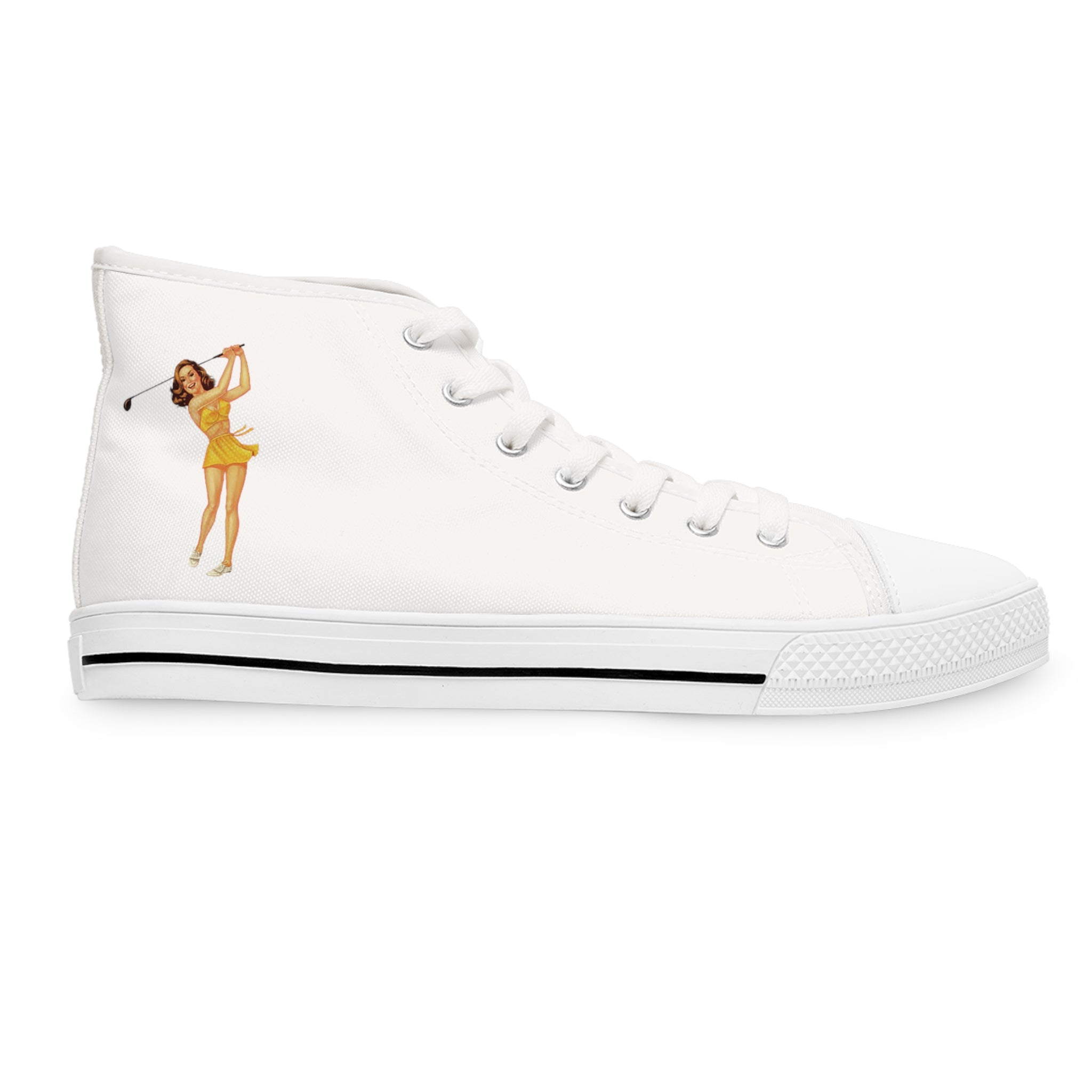 Digby Golf Women’s High Top Sneaker Side View of 1950’s Pin Up Girl signature graphic in color White